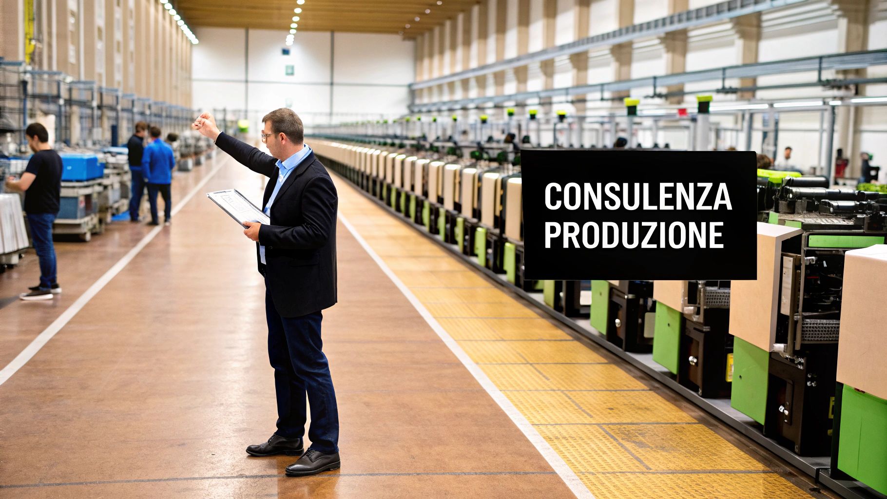 Consulente esamina la linea di produzione in una moderna fabbrica, fornendo indicazioni e supporto tecnico.