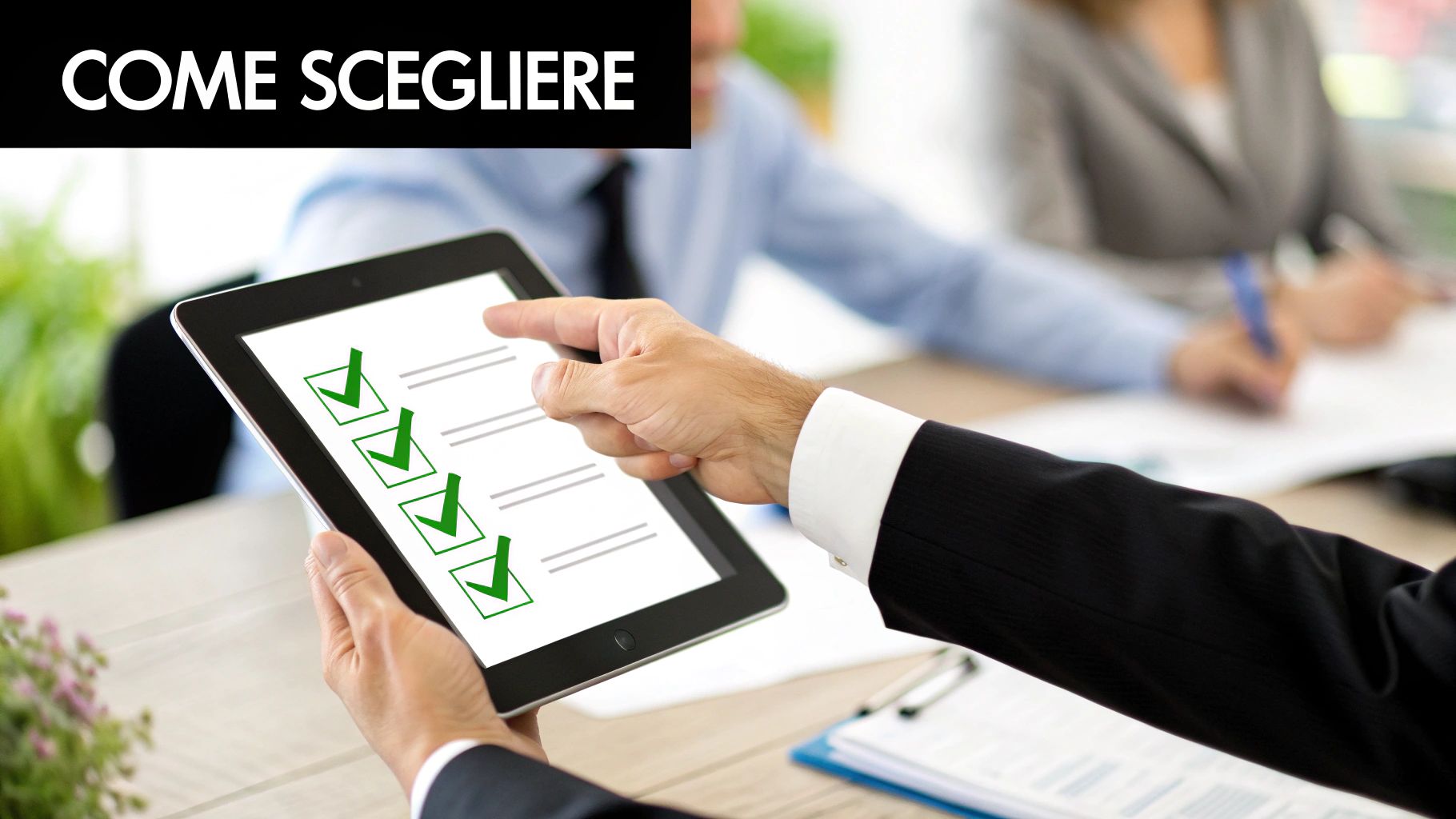 Una persona che analizza un diagramma di flusso su una lavagna trasparente, simbolo di una scelta strategica.