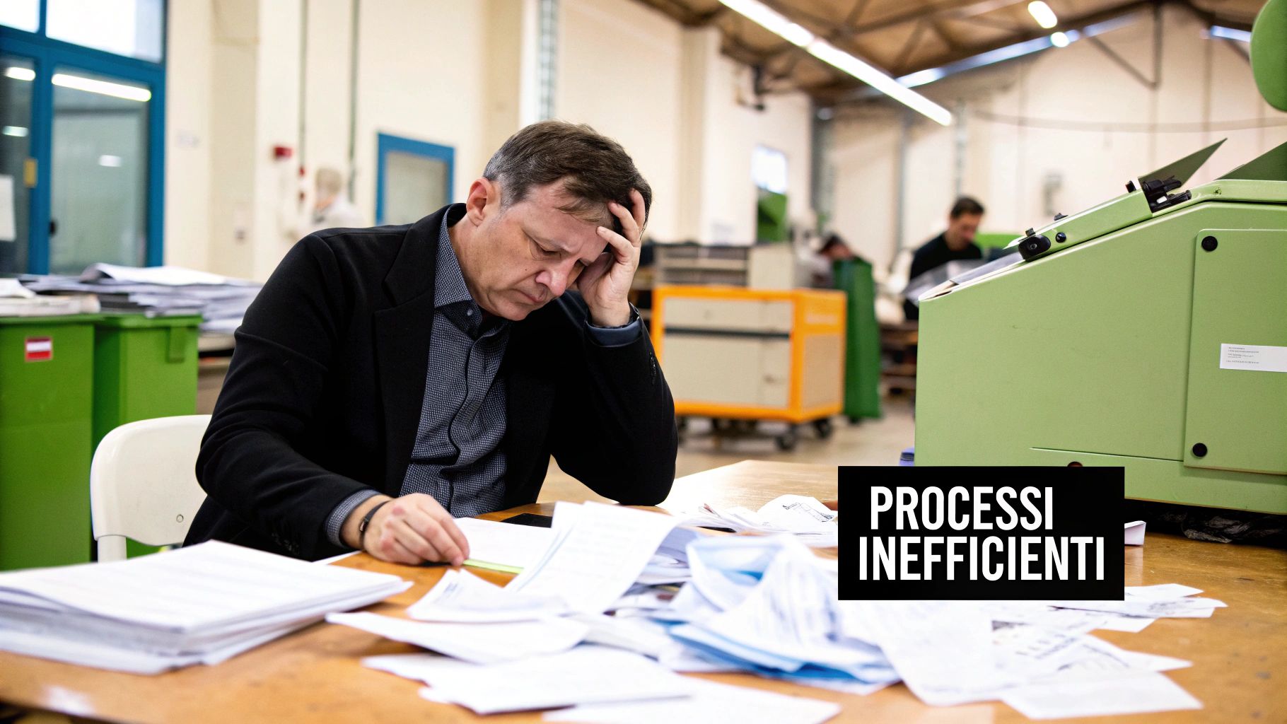 Uomo stressato con documenti disordinati su un tavolo, con la scritta 'PROCESSI INEFFICIENTI' che indica problemi in un ambiente di lavoro.