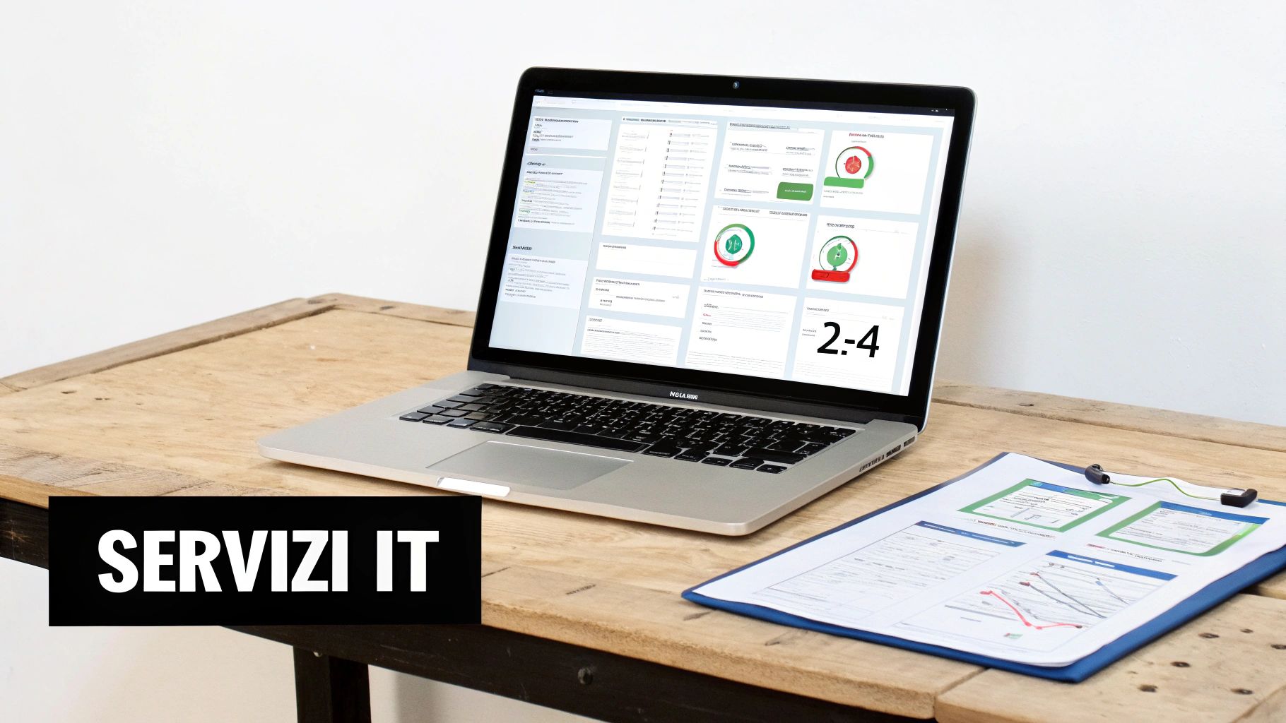 Dashboard di servizi IT su laptop con grafici di performance e documentazione su scrivania in legno