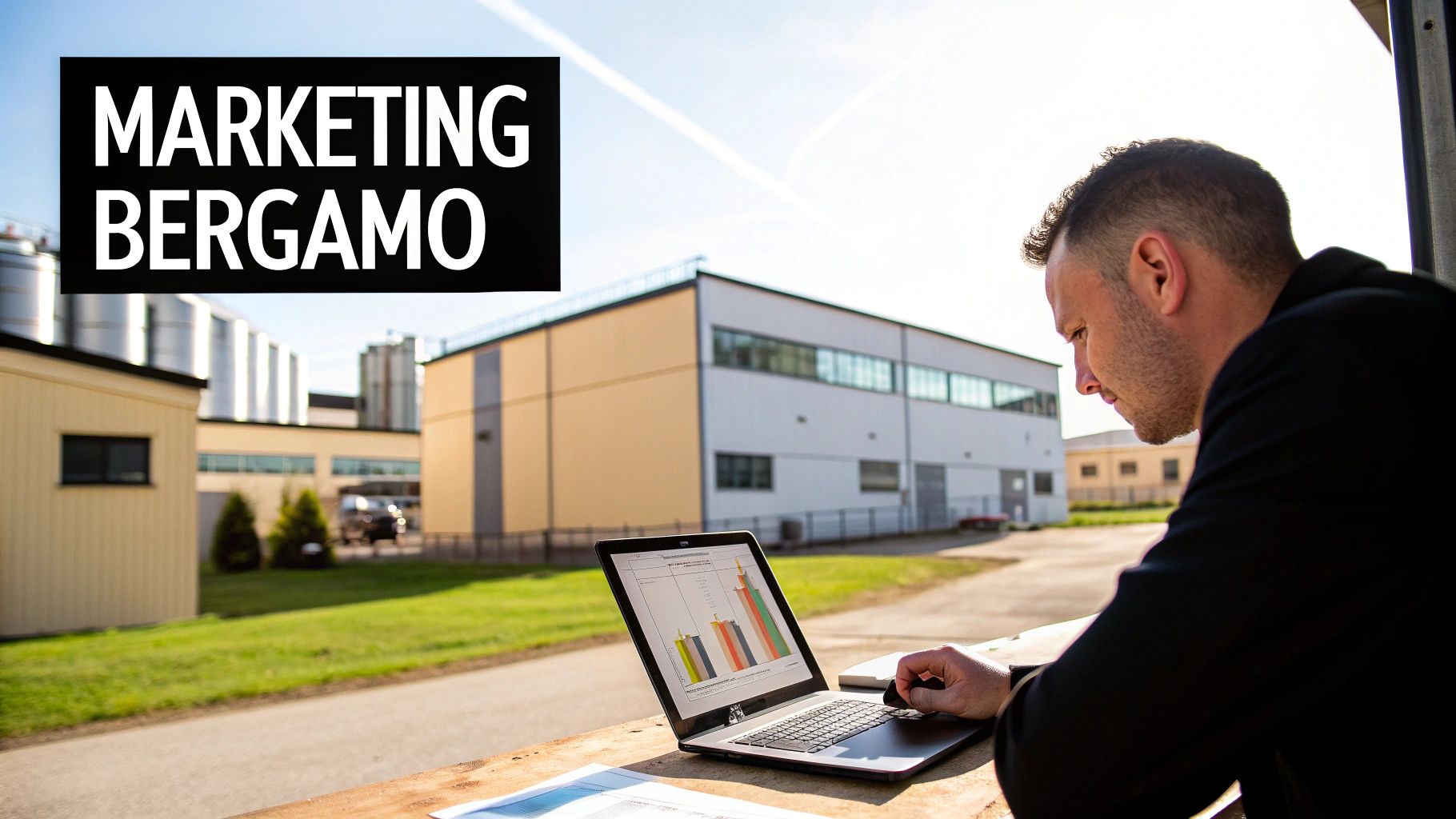 Un uomo esamina grafici su un laptop all'esterno di un complesso industriale, con la scritta 'MARKETING BERGAMO'.