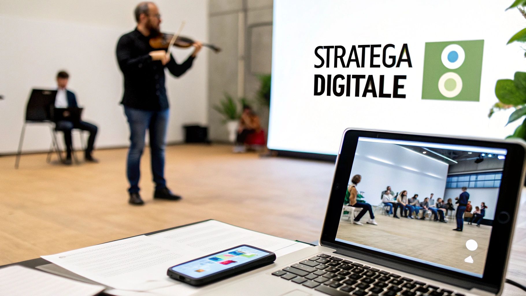 Musico sfocato suona violino, mentre un laptop in primo piano mostra una conferenza sulla Strategia Digitale.