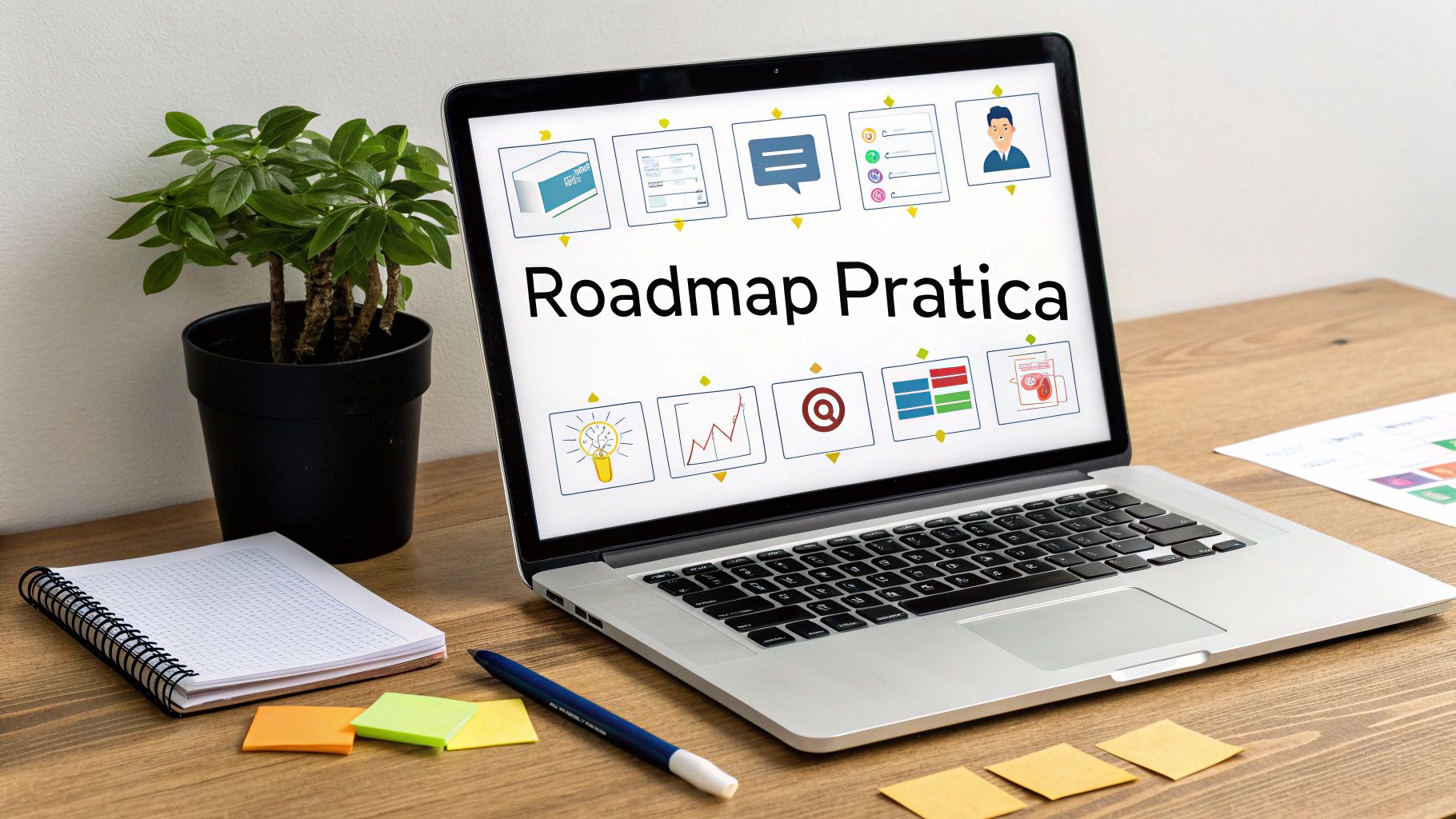 Laptop che mostra una roadmap pratica con icone di pianificazione e strategia su scrivania