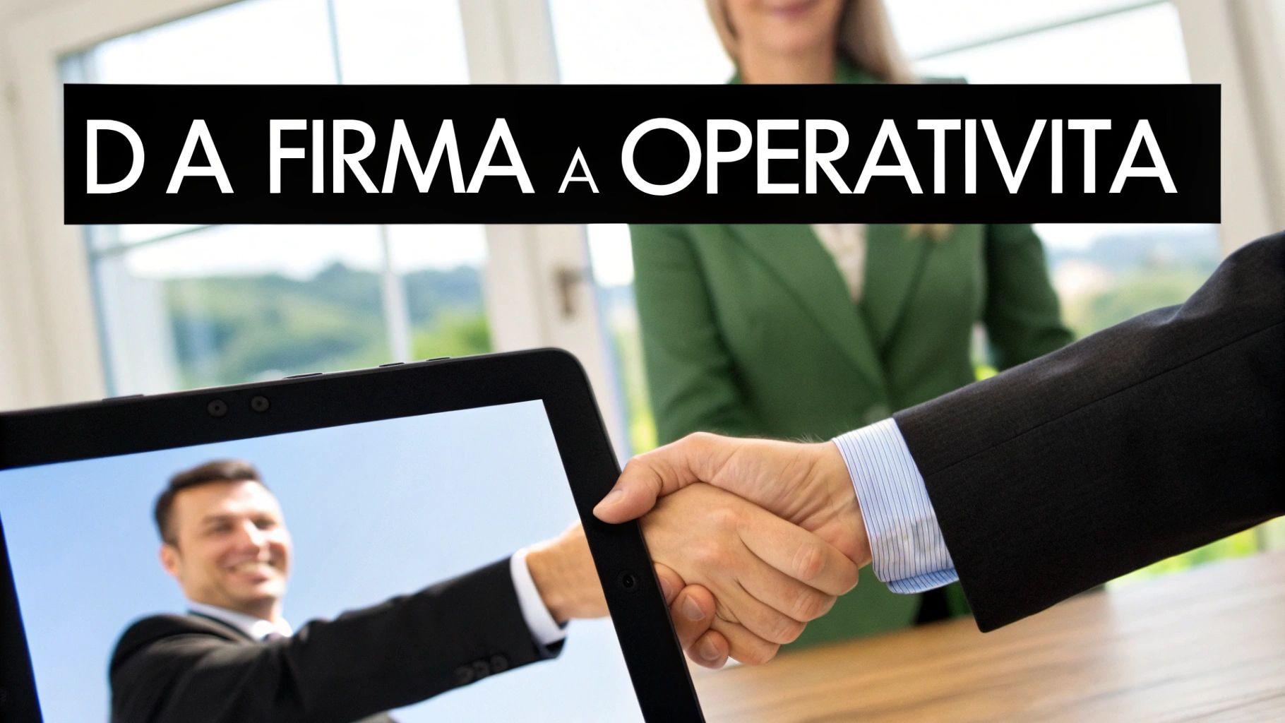 Stretta di mano professionale tra colleghi con videochiamata su tablet, rappresenta collaborazione da firma a operatività