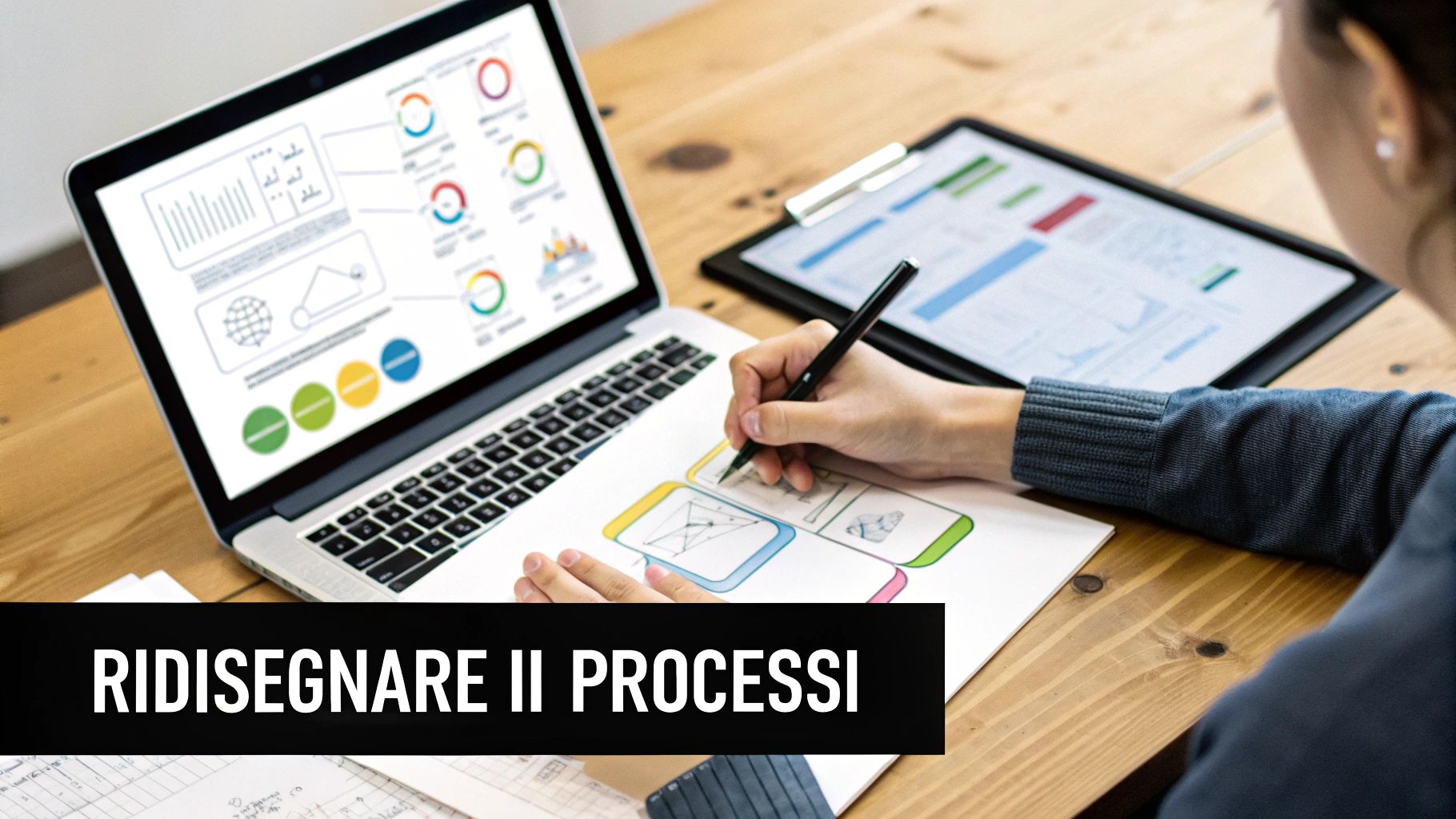 Una persona disegna schemi per ridisegnare processi aziendali, con laptop e tablet su un tavolo.