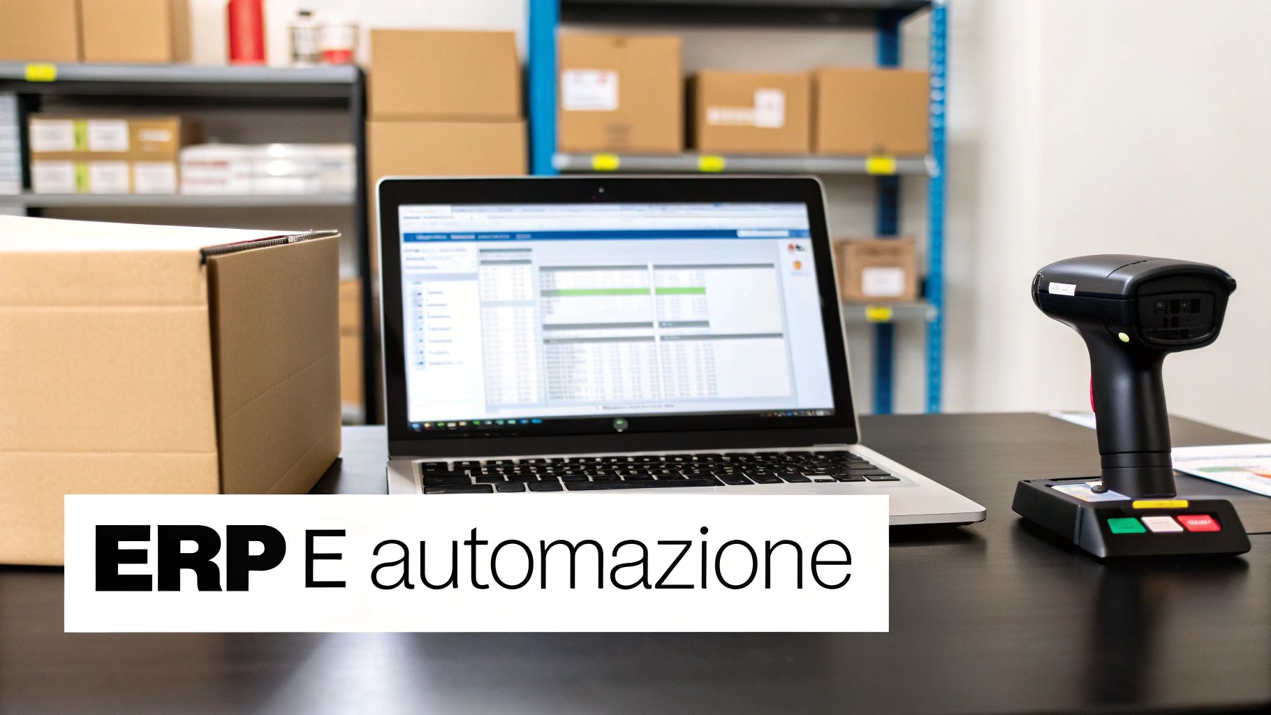 Un computer portatile, uno scanner di codici a barre e scatole in un magazzino, mostrando software ERP e automazione.