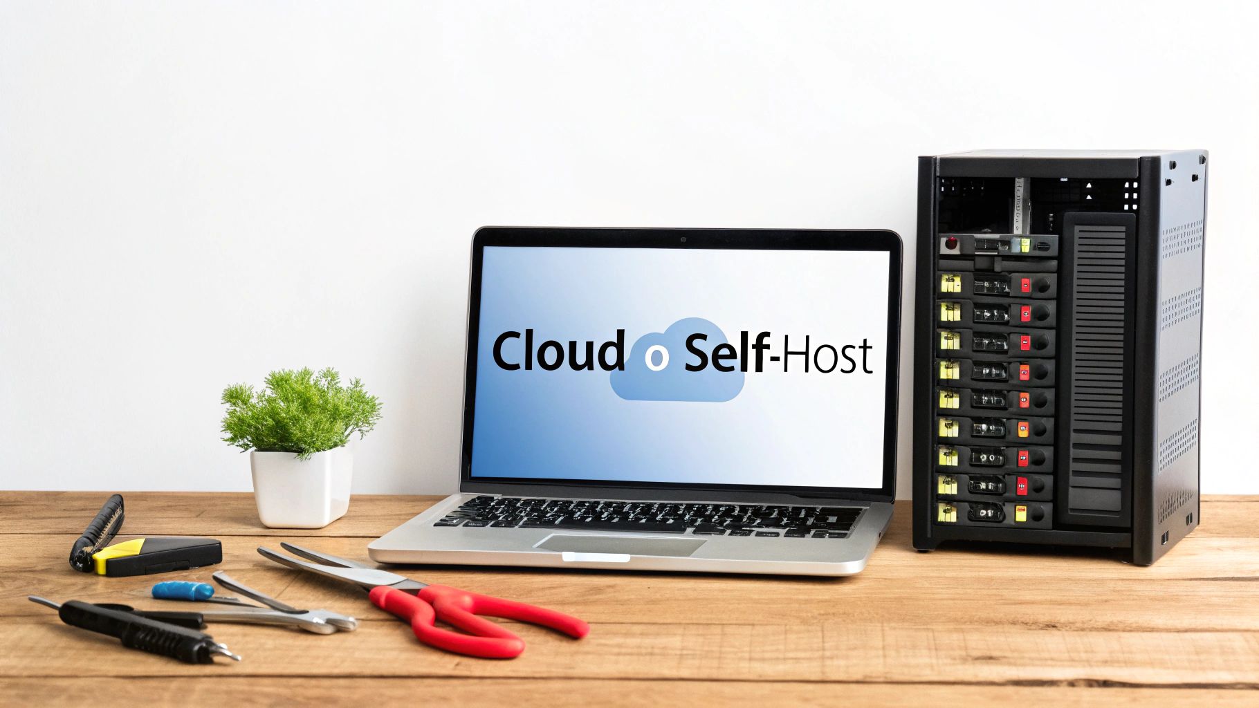 Un laptop con la scritta "Cloud Self-Host" e un server su una scrivania di legno, con strumenti e una pianta.