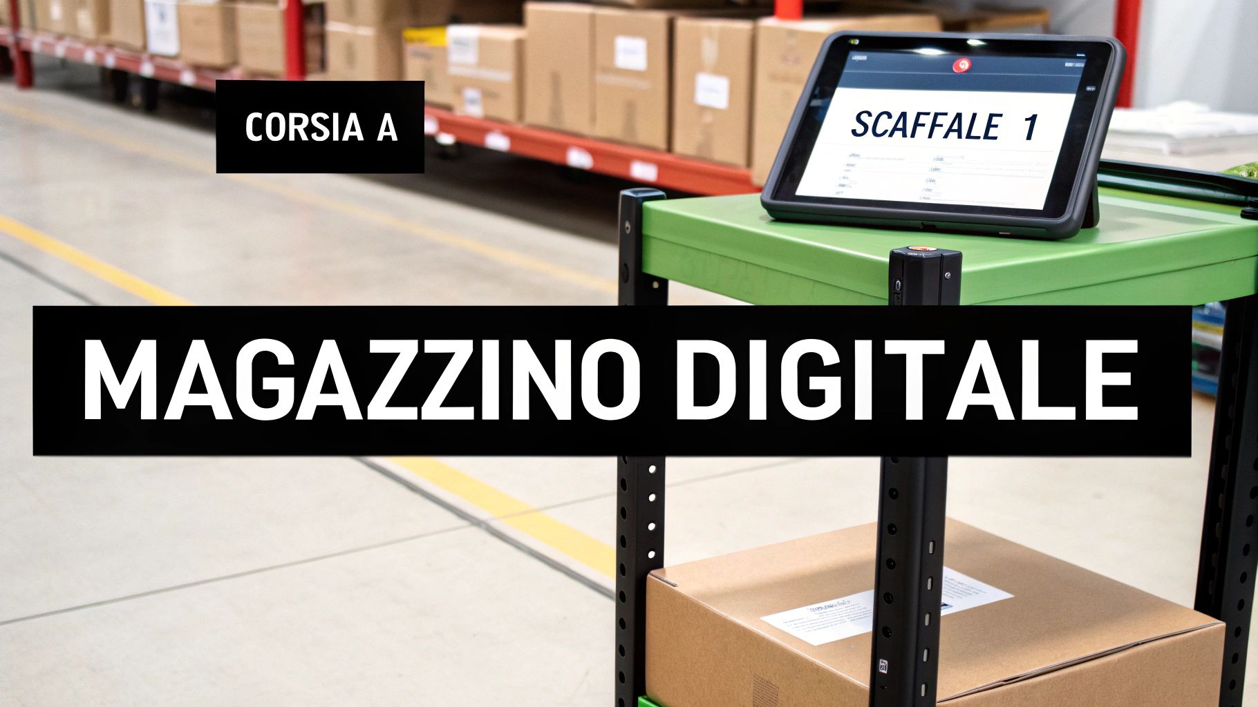 Immagine di un magazzino digitale con scaffali, scatole di cartone e un tablet che mostra la gestione dello scaffale 1 nella corsia A.