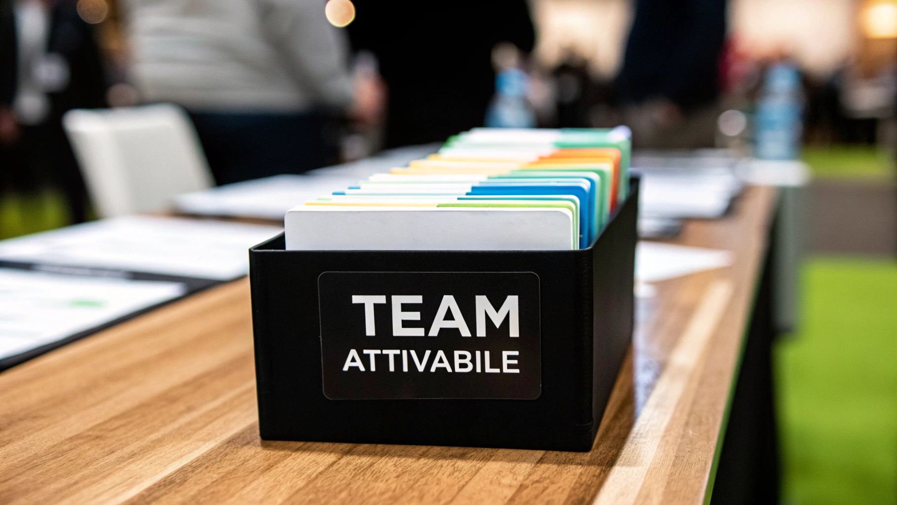 Una scatola nera con l'etichetta "TEAM ATTIVABILE" su un tavolo di legno, contenente schede colorate. Sfondo sfocato con persone.