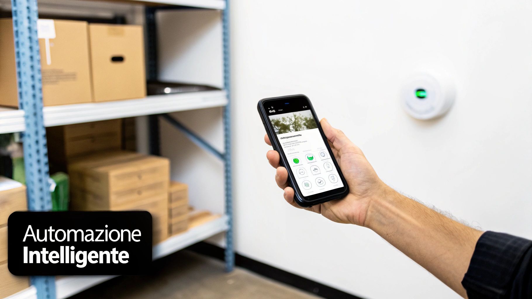 Mano che tiene uno smartphone con app di automazione intelligente, con scaffali e un dispositivo smart in uno spazio di lavoro.