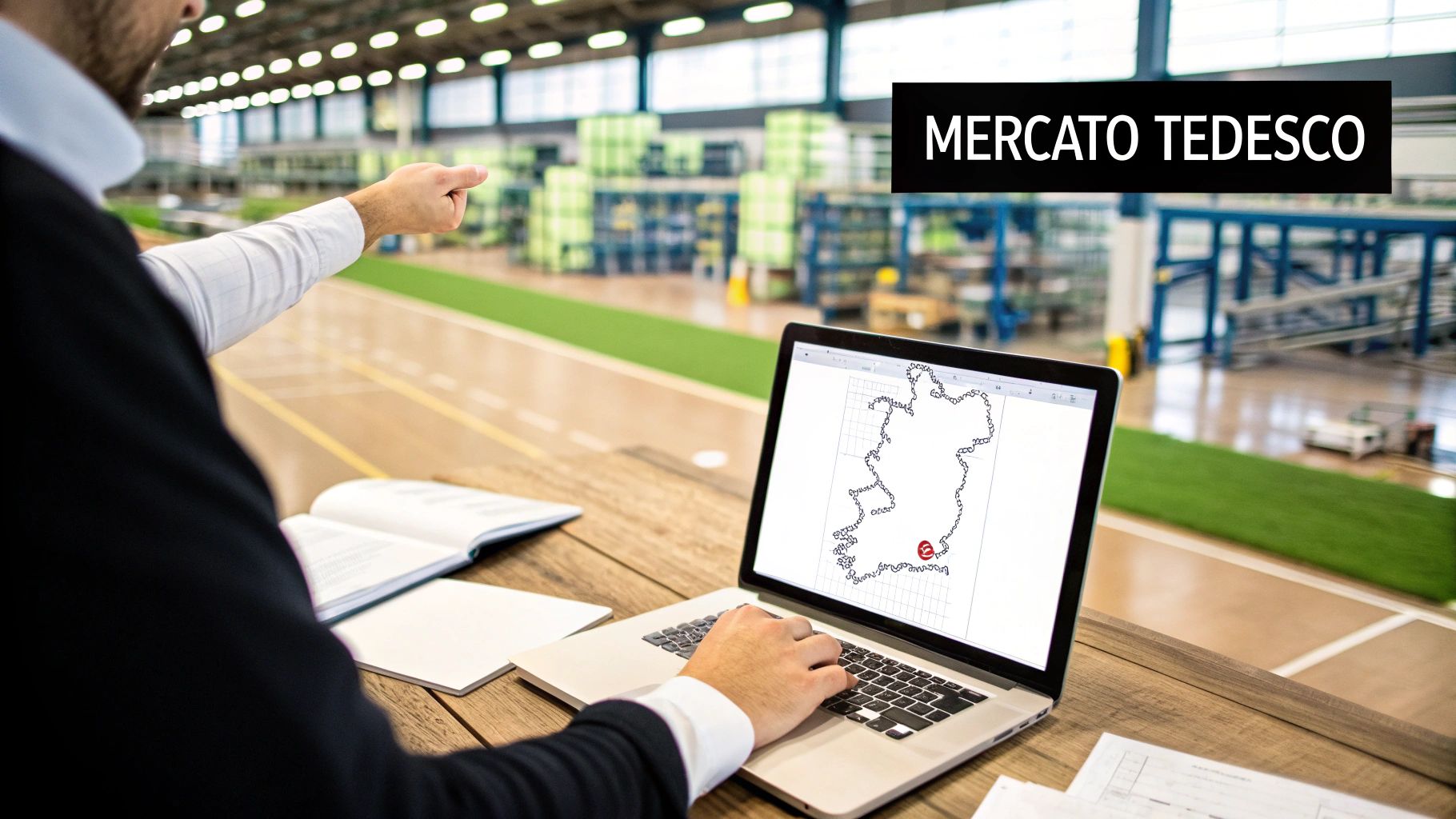 Uomo d'affari punta verso un magazzino, con un laptop che mostra una mappa e il testo 'MERCATO TEDESCO'.
