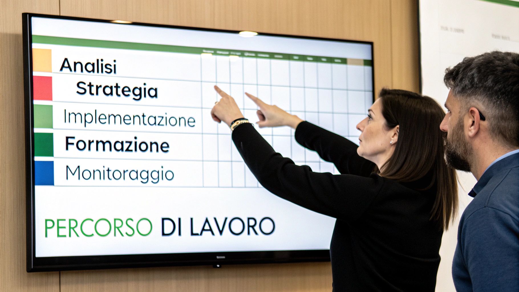 Due professionisti esaminano un piano di lavoro digitale su uno schermo, indicando fasi di progetto.