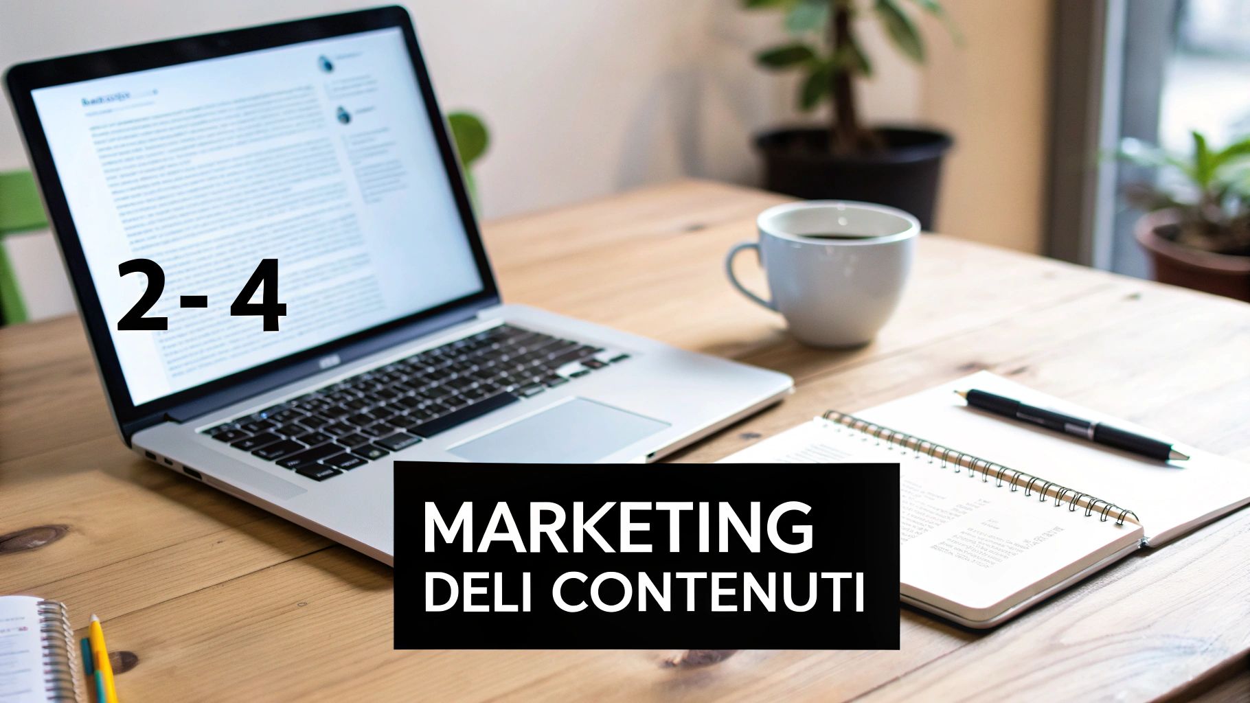 Scrivania in legno con laptop aperto, tazza di caffè, quaderno e penna. Il testo mostra 'MARKETING DELI CONTENUTI'.