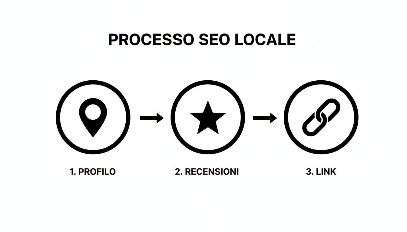 Infografica sul processo di SEO locale, evidenziando profilo, recensioni e link come passaggi chiave.