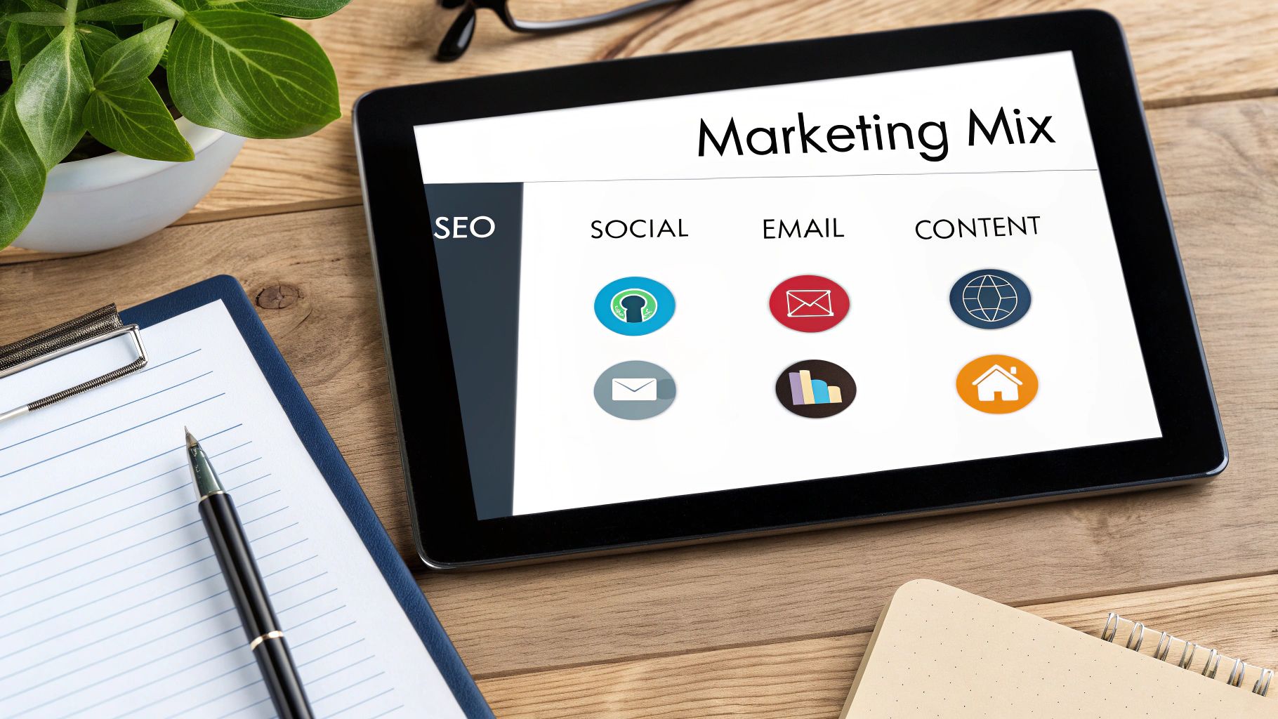 Tablet su tavolo di legno mostra il 'Marketing Mix' con icone per SEO, social, email e contenuto, accanto a un blocco note.