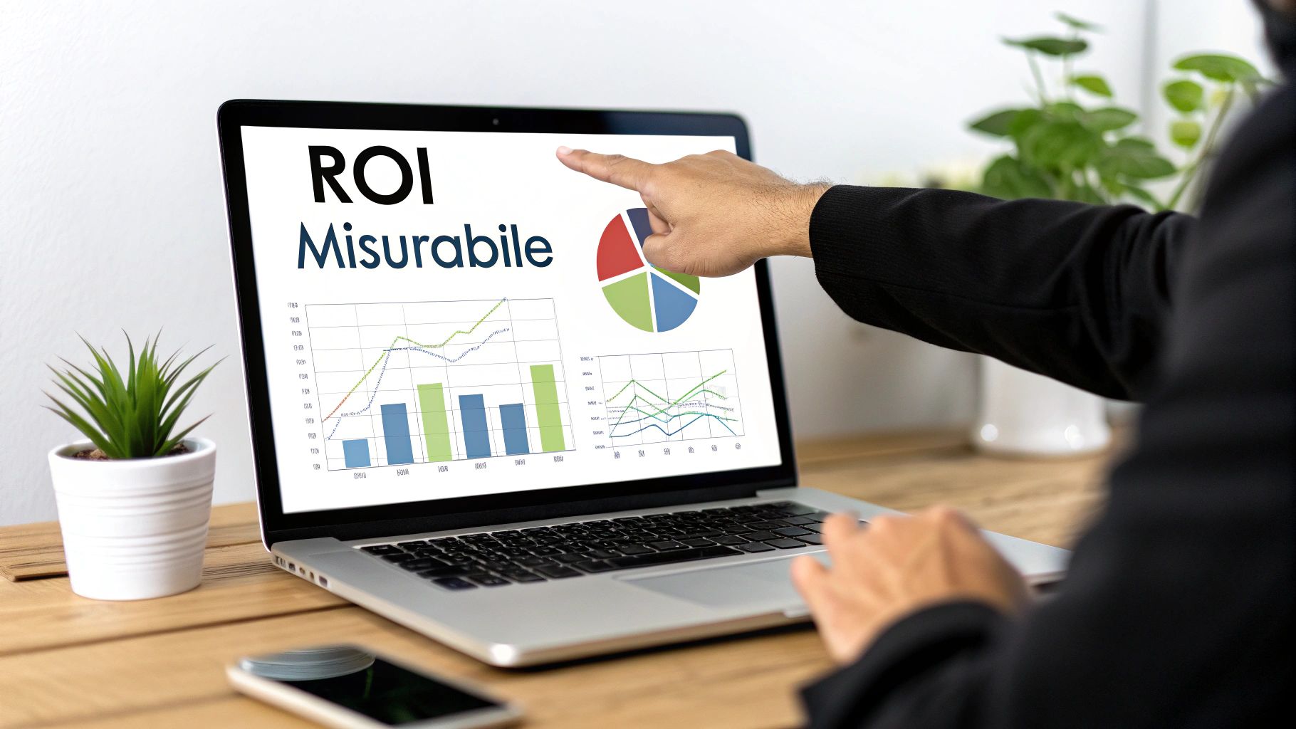 Una persona indica un laptop con grafici e testo 'ROI Misurabile', simboleggiando l'analisi dei dati aziendali.