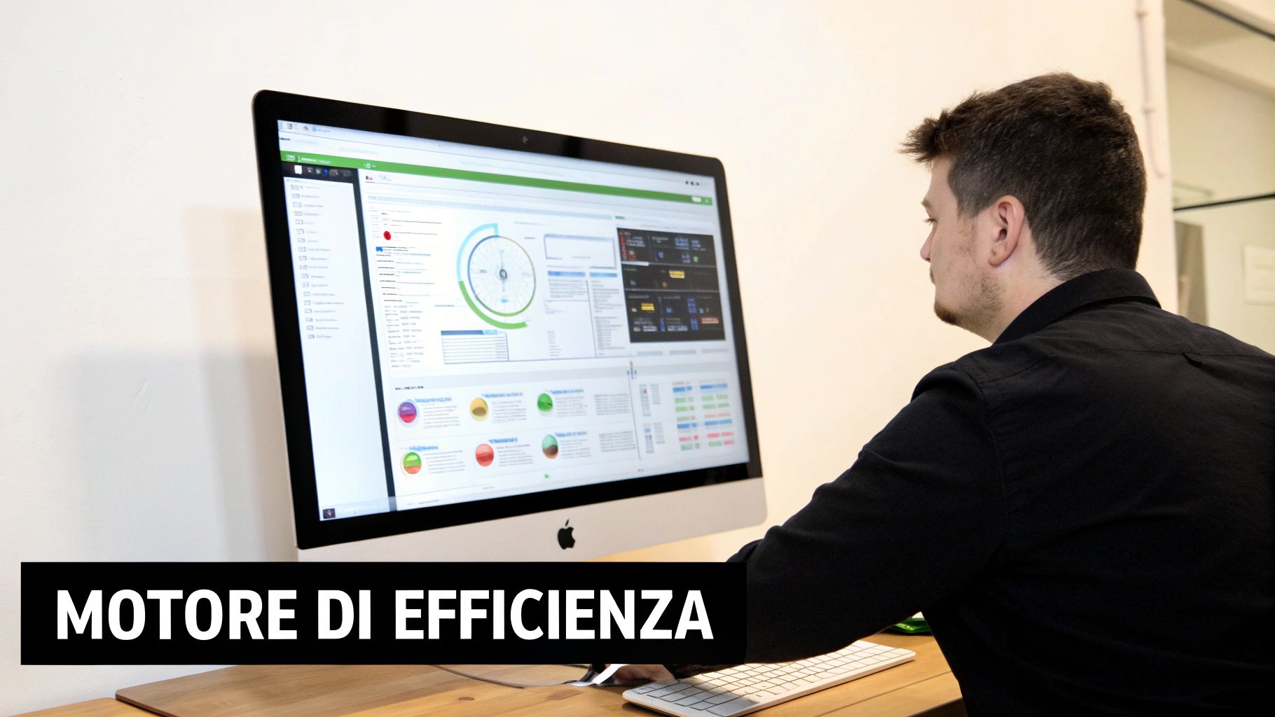 Uomo seduto alla scrivania che guarda un monitor di computer con dashboard e dati analitici.