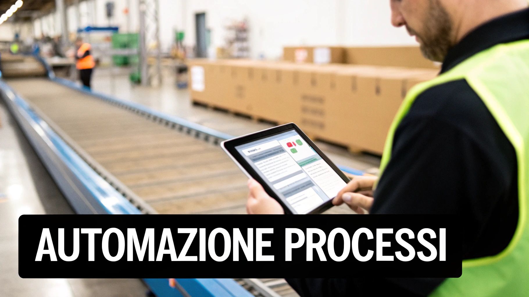 Uomo con giubbotto ad alta visibilità utilizza un tablet in un magazzino con nastro trasportatore e scatole, simboleggiando l'automazione dei processi.