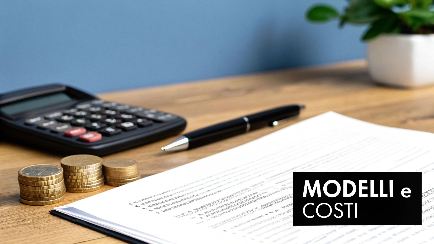 Scrivania con calcolatrice, monete, documenti finanziari e penna per gestione costi e modelli aziendali
