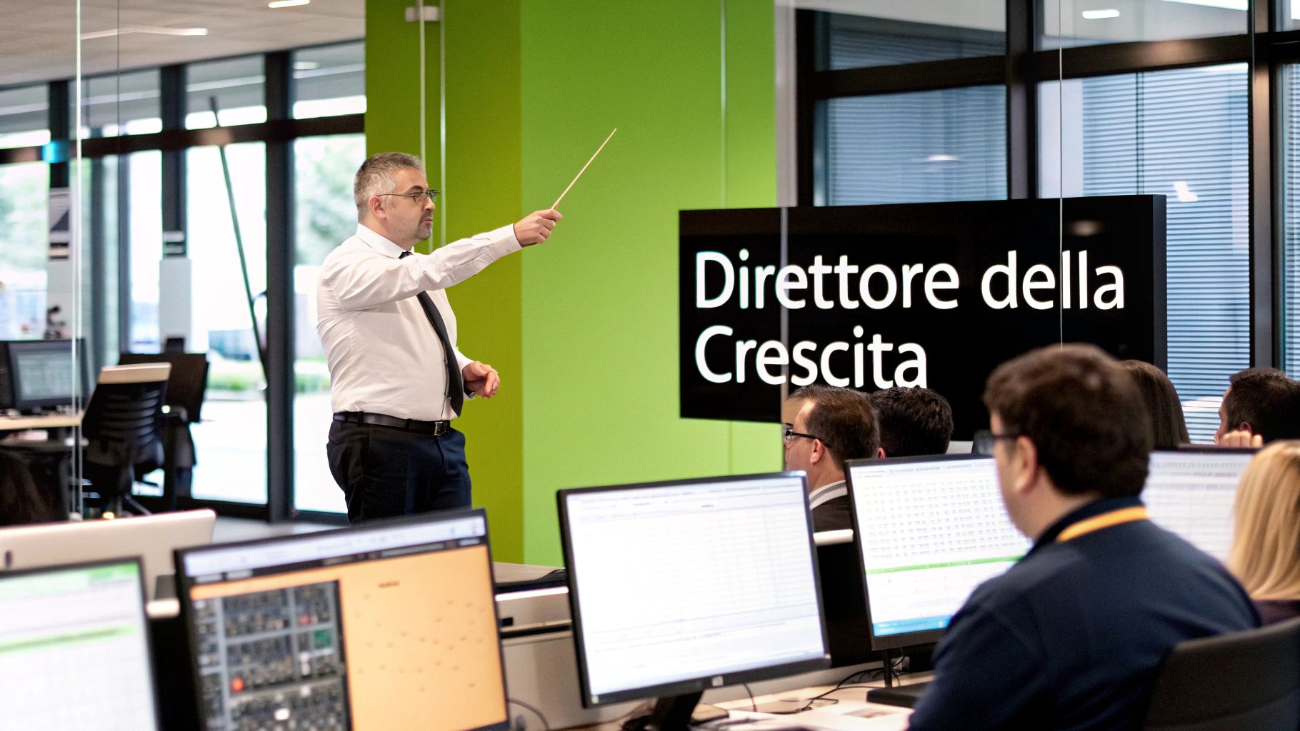 Un manager presenta "Direttore della Crescita" in un ufficio moderno con dipendenti che seguono.