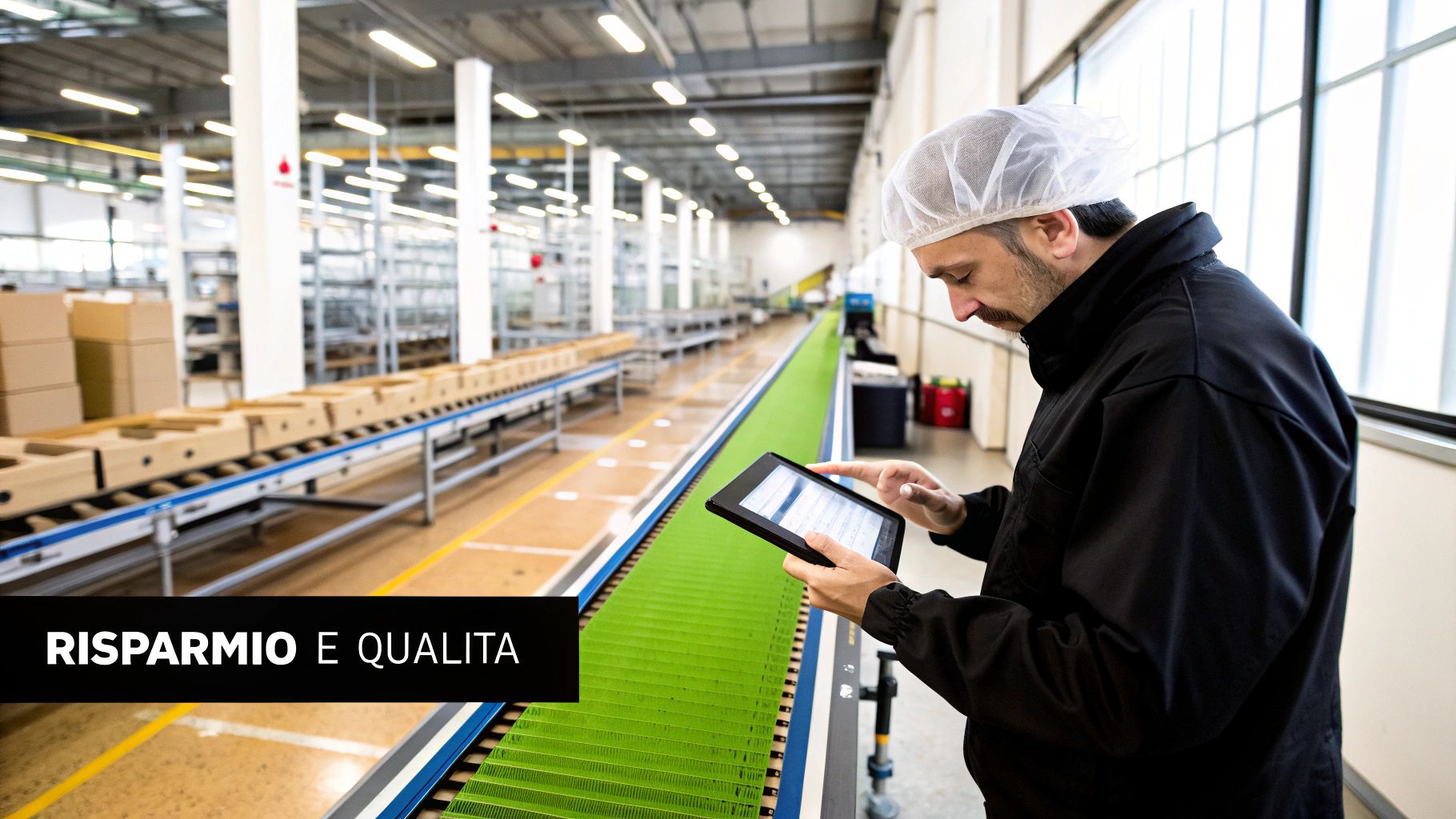 Uomo con retina e divisa nera controlla un tablet in fabbrica, vicino a un nastro trasportatore verde, per efficienza e qualità.
