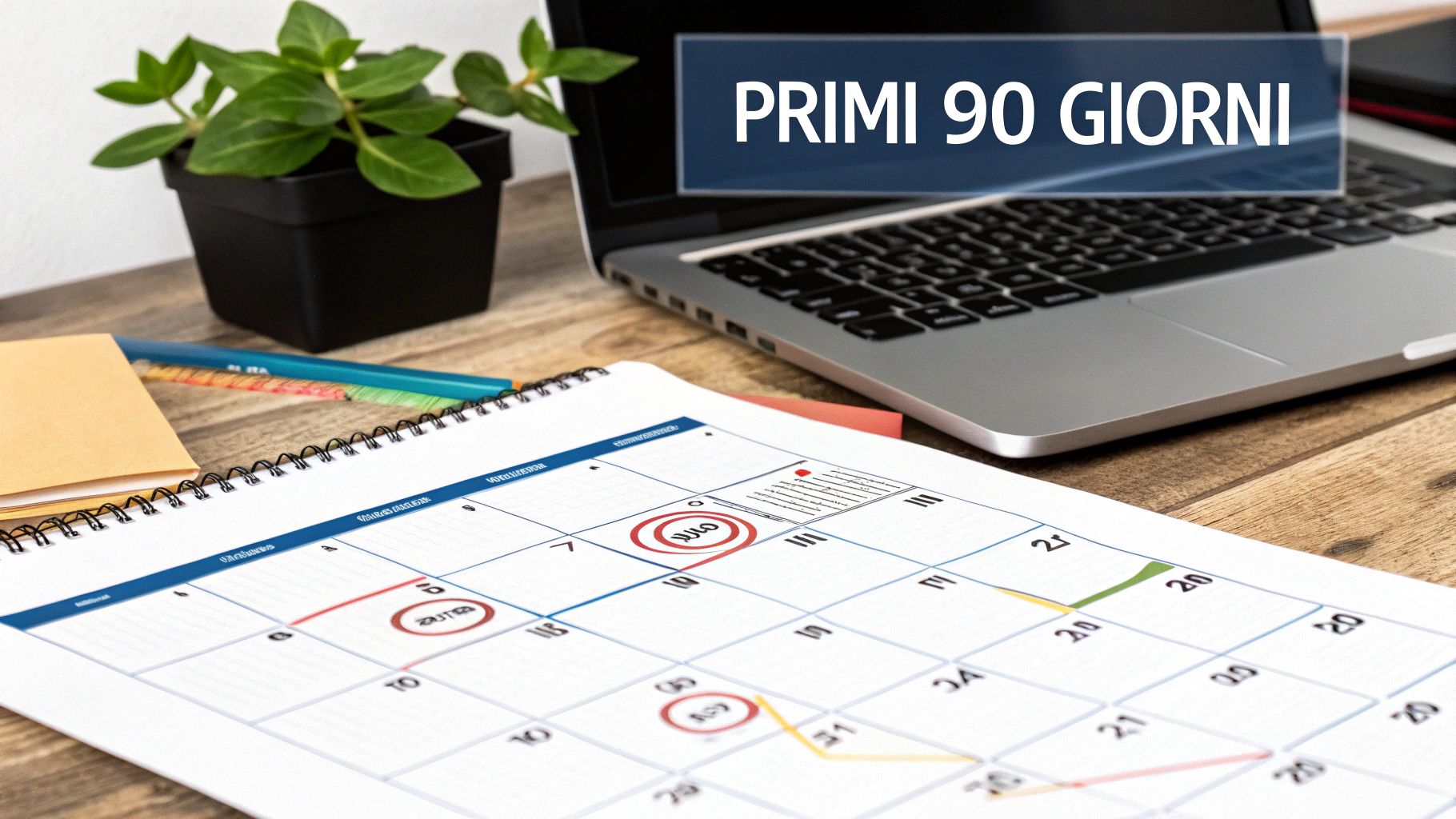Scrivania con laptop, agenda/calendario, penne e pianta, con il testo 'PRIMI 90 GIORNI' sullo schermo.