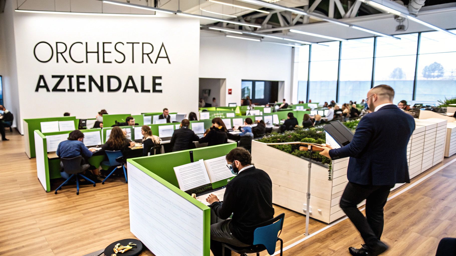 Un ufficio open space moderno con persone che lavorano e studiano musica, un cartello "ORCHESTRA AZIENDALE" sulla parete.