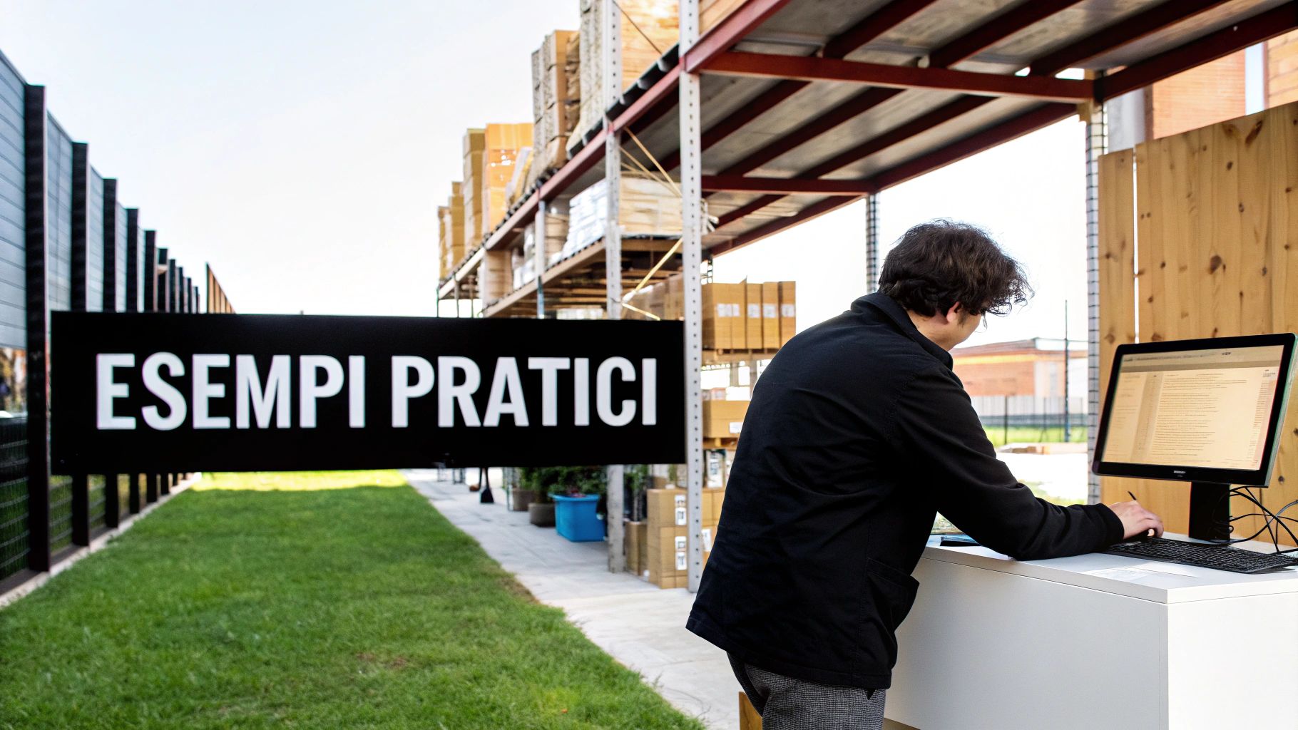 Uomo al computer all'aperto con grande cartello "ESEMPI PRATICI" e scaffali industriali dietro.