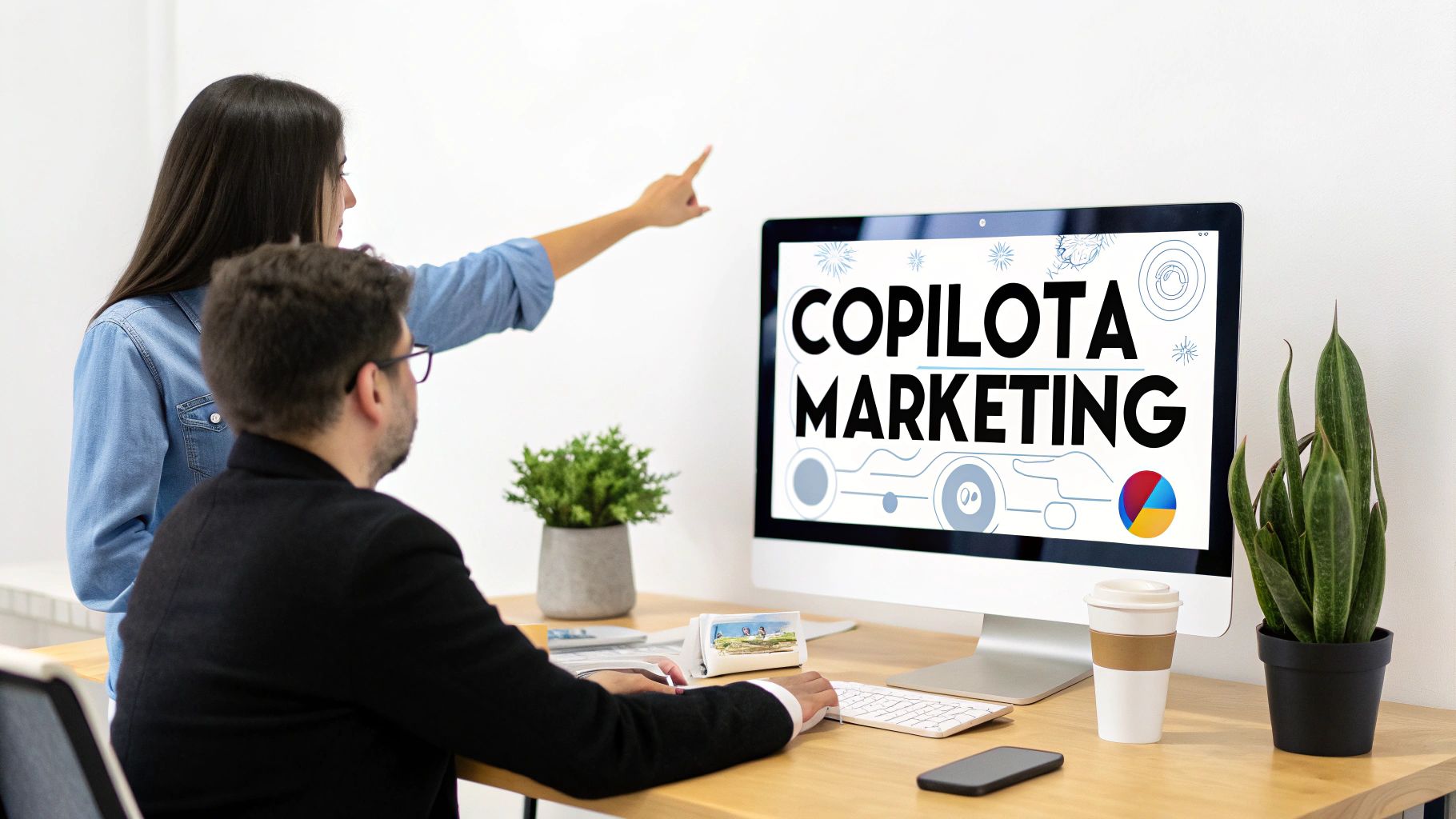 Coppia di colleghi in un ufficio moderno discute un progetto di marketing digitale visualizzato sullo schermo del computer.