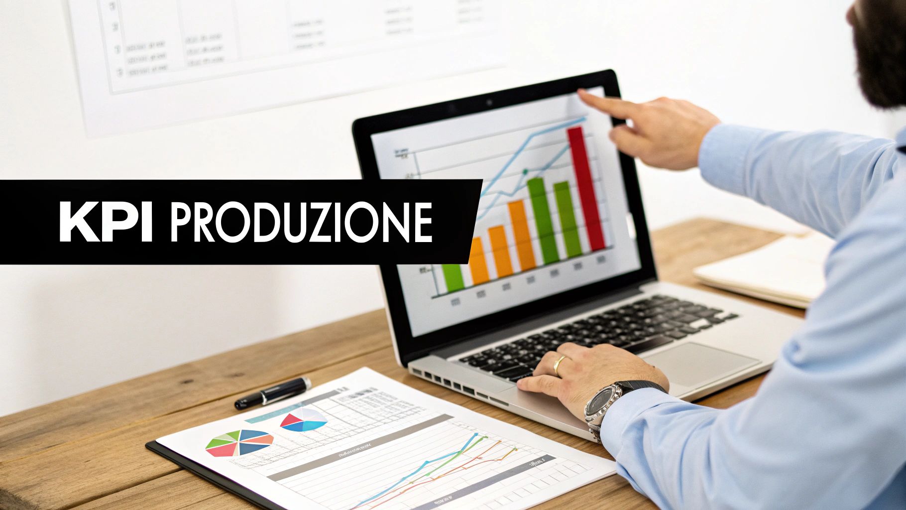 Uomo d'affari analizza grafici di produzione e KPI su un laptop, con documenti sul tavolo.