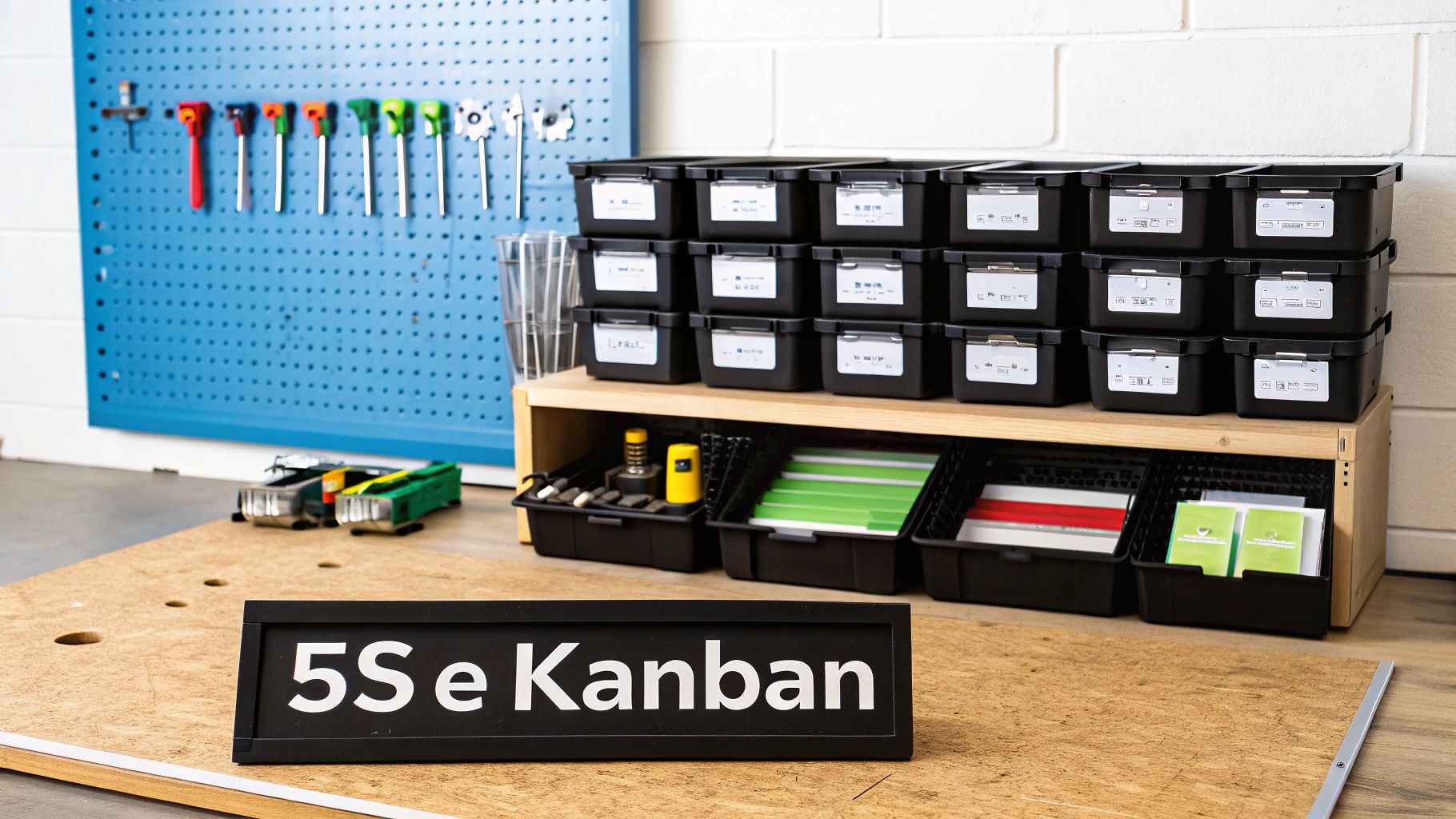 Spazio di lavoro organizzato per miglioramento processi, con contenitori, attrezzi e un cartello '5S e Kanban'.