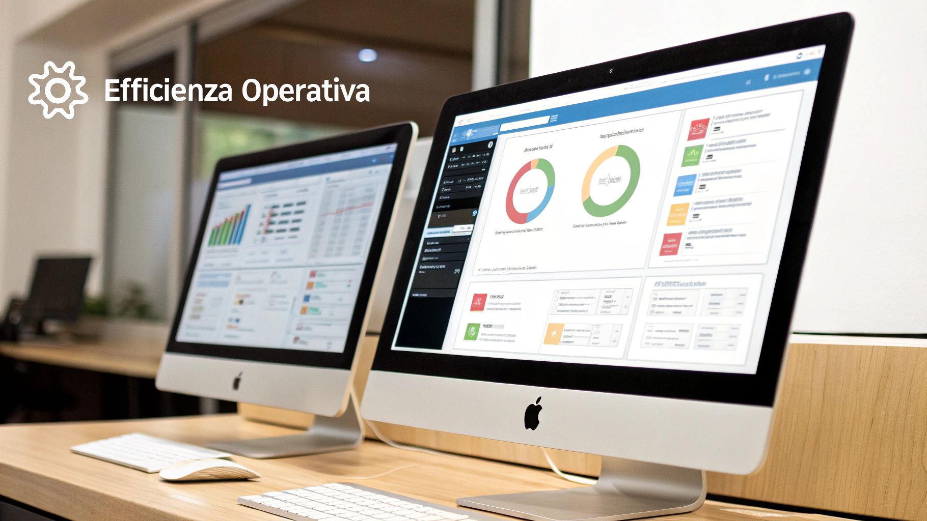 Una rappresentazione grafica che mostra ingranaggi interconnessi etichettati con CRM, ERP e Automazione, a simboleggiare l'ottimizzazione dei processi aziendali.
