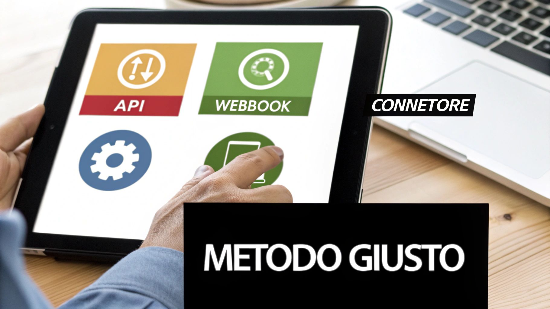 Mani che interagiscono con un tablet che mostra icone di integrazione digitale, come API e Webhook, per unire sistemi.