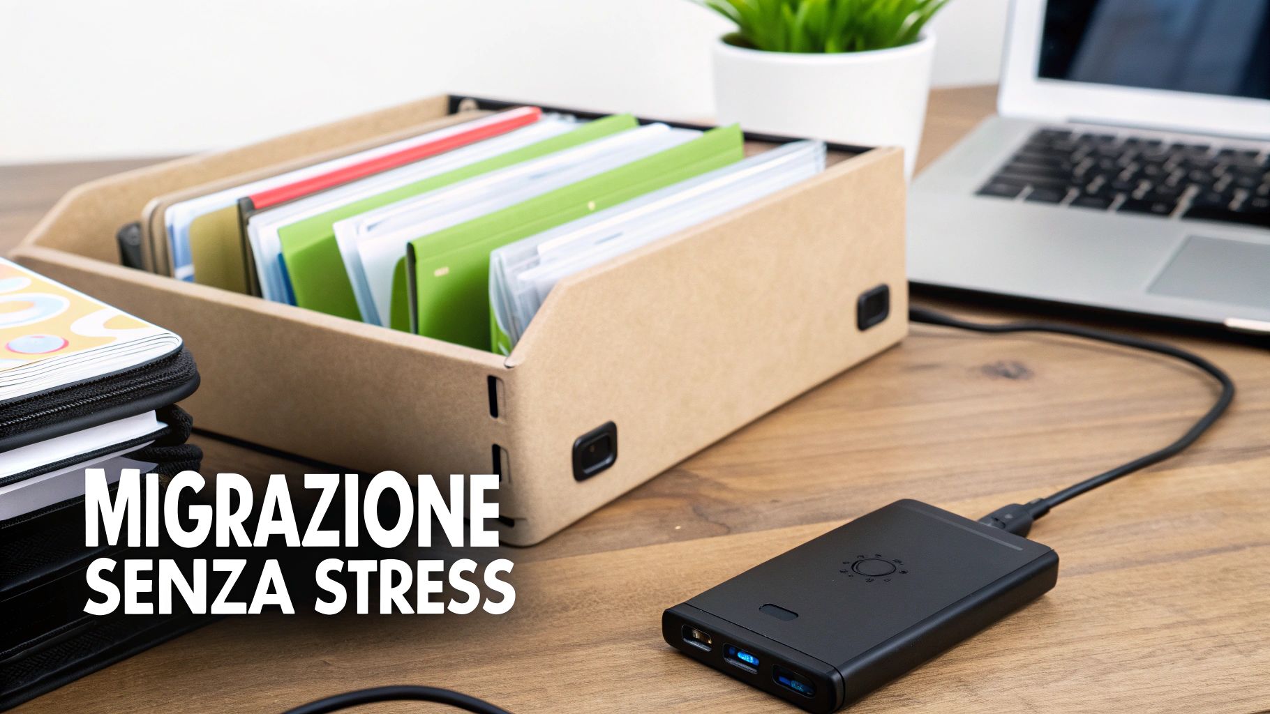 Scrivania da ufficio con documenti organizzati, laptop e un dispositivo di archiviazione esterno, simbolo di una migrazione dati senza stress.