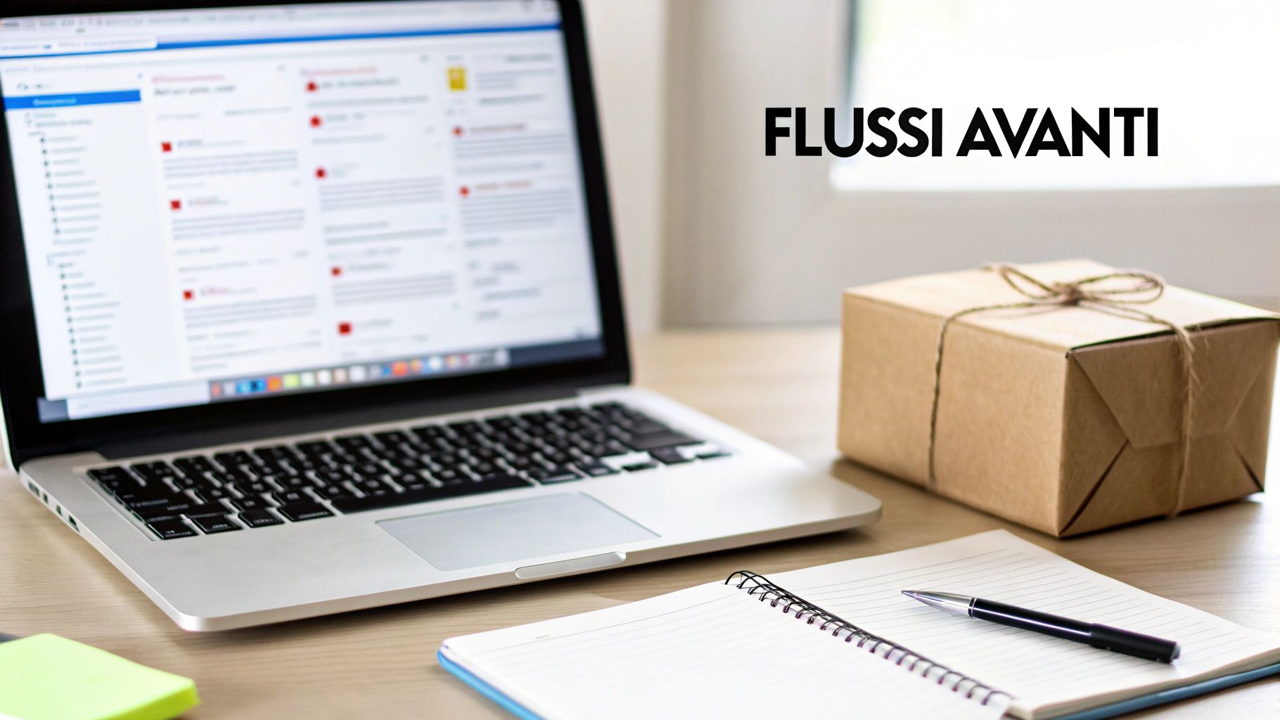Laptop, pacco regalo, quaderno e penna su una scrivania, con il testo 'FLUSSI AVANTI' in evidenza.