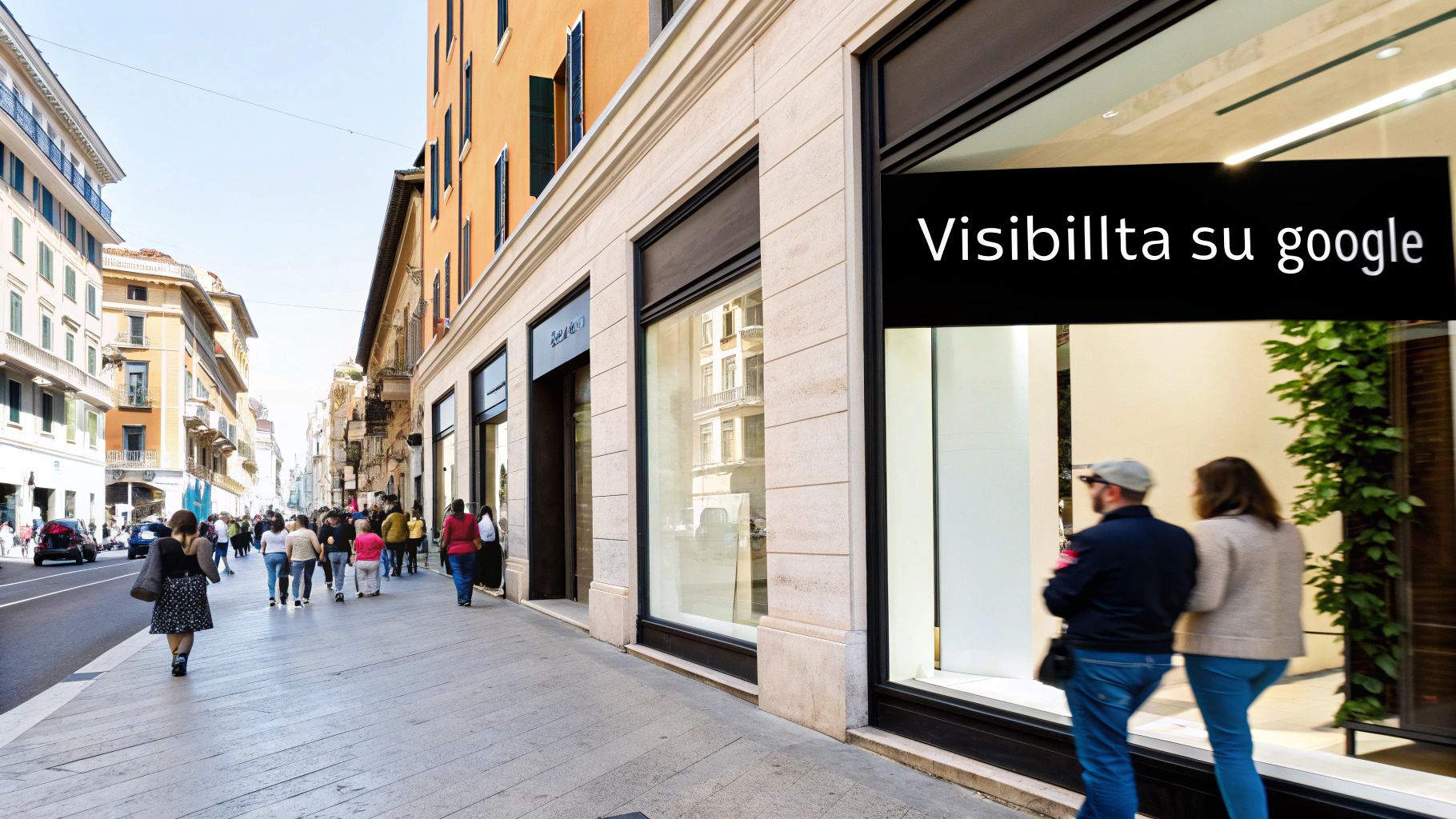 Una vivace via dello shopping con negozi, pedoni e un'insegna che promuove 'Visibilità su Google'.