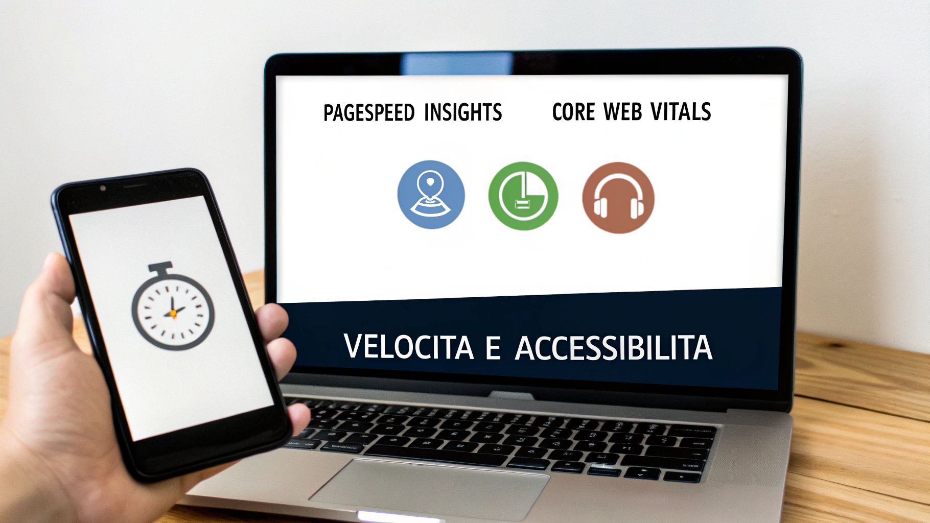 Schermata laptop mostra PageSpeed Insights e Core Web Vitals con smartphone che visualizza cronometro per velocità sito