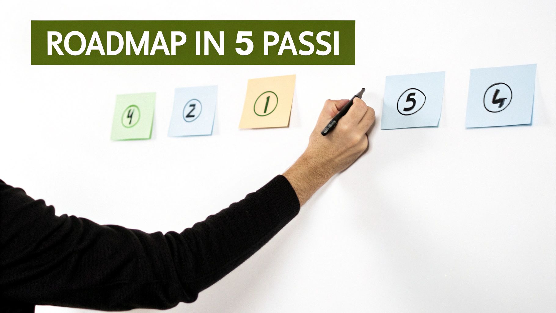 Mano che scrive un numero su un post-it blu, illustrando una roadmap in 5 passi su una parete.