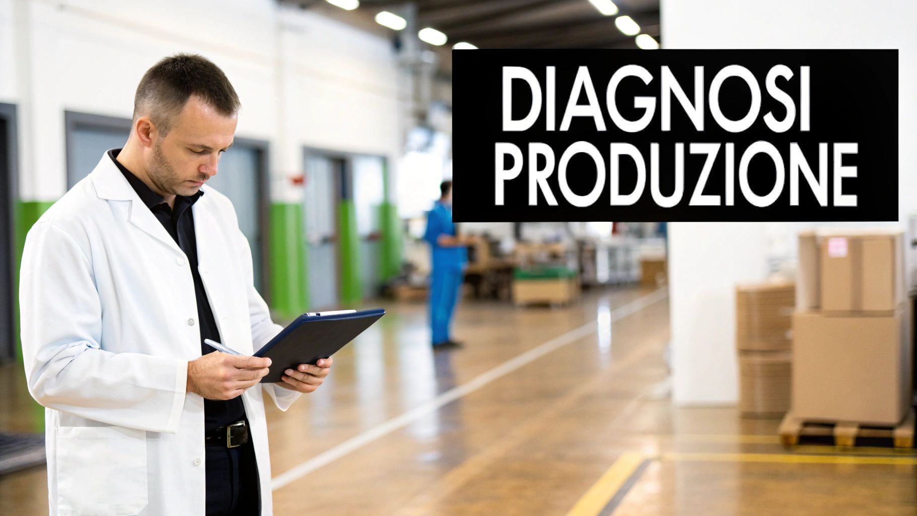 Un uomo in camice bianco ispeziona documenti in un ambiente industriale, con la scritta 'Diagnosi Produzione'.