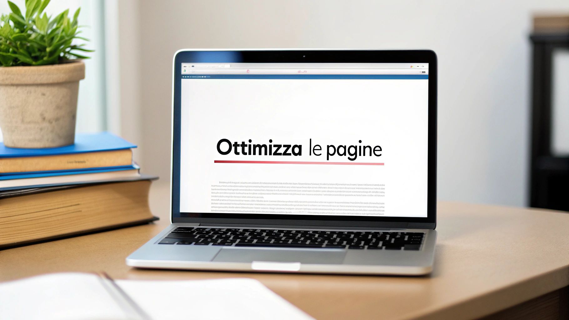 Laptop su scrivania mostra 'Ottimizza le pagine', con libri e una pianta a lato, indicando focus sul lavoro SEO.