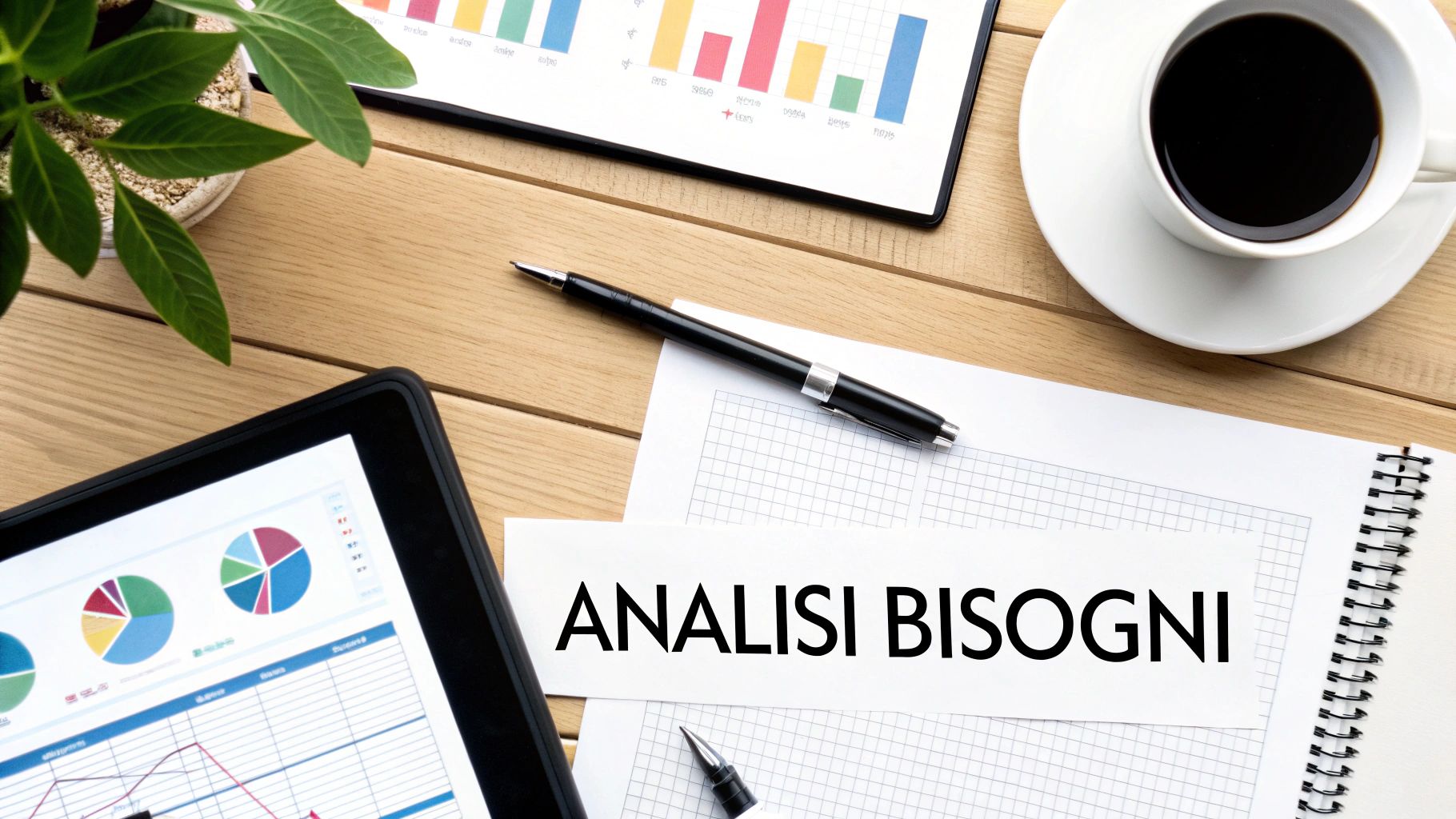 Scrivania in legno con tablet che mostra grafici, caffè, penna e blocco note con la scritta 'ANALISI BISOGNI', per strategia aziendale.