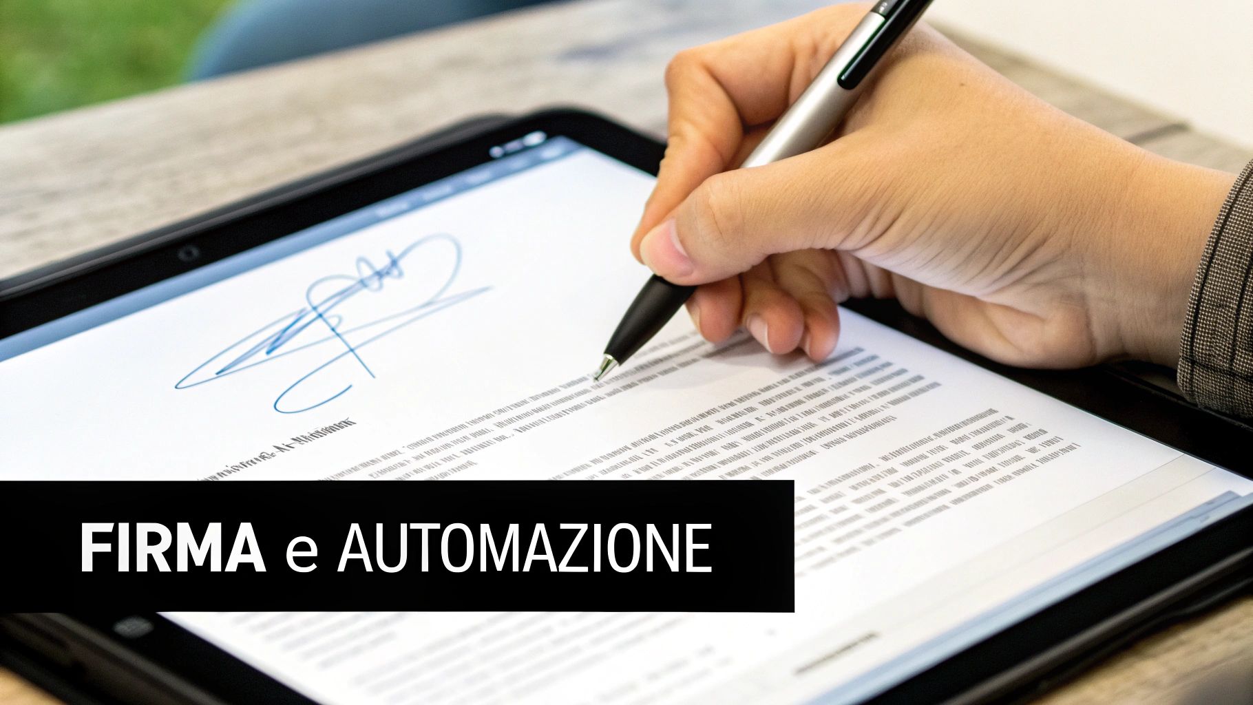 Una persona firma digitalmente un documento su un tablet con una penna stilo, con il testo "FIRMA e AUTOMAZIONE".