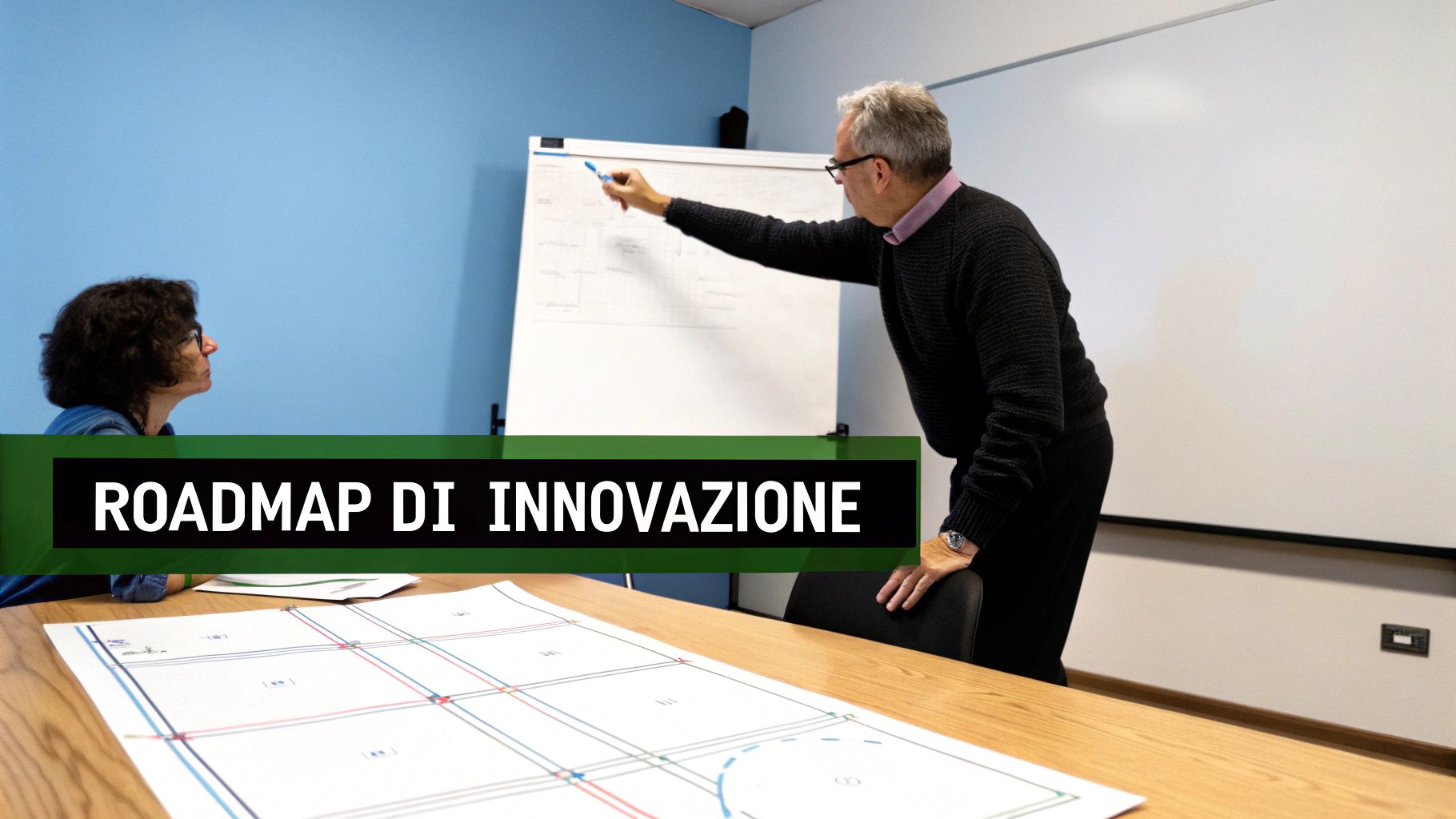 Due persone in una sala riunioni discutono una roadmap di innovazione, con un uomo che indica una lavagna e una donna che ascolta attentamente.