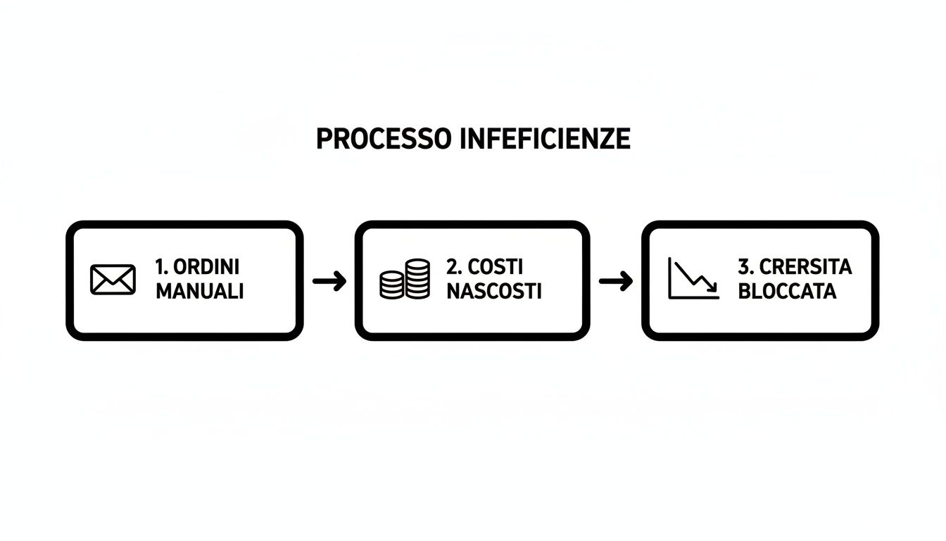 Diagramma del processo di inefficienze: ordini manuali, costi nascosti e crescita aziendale bloccata.