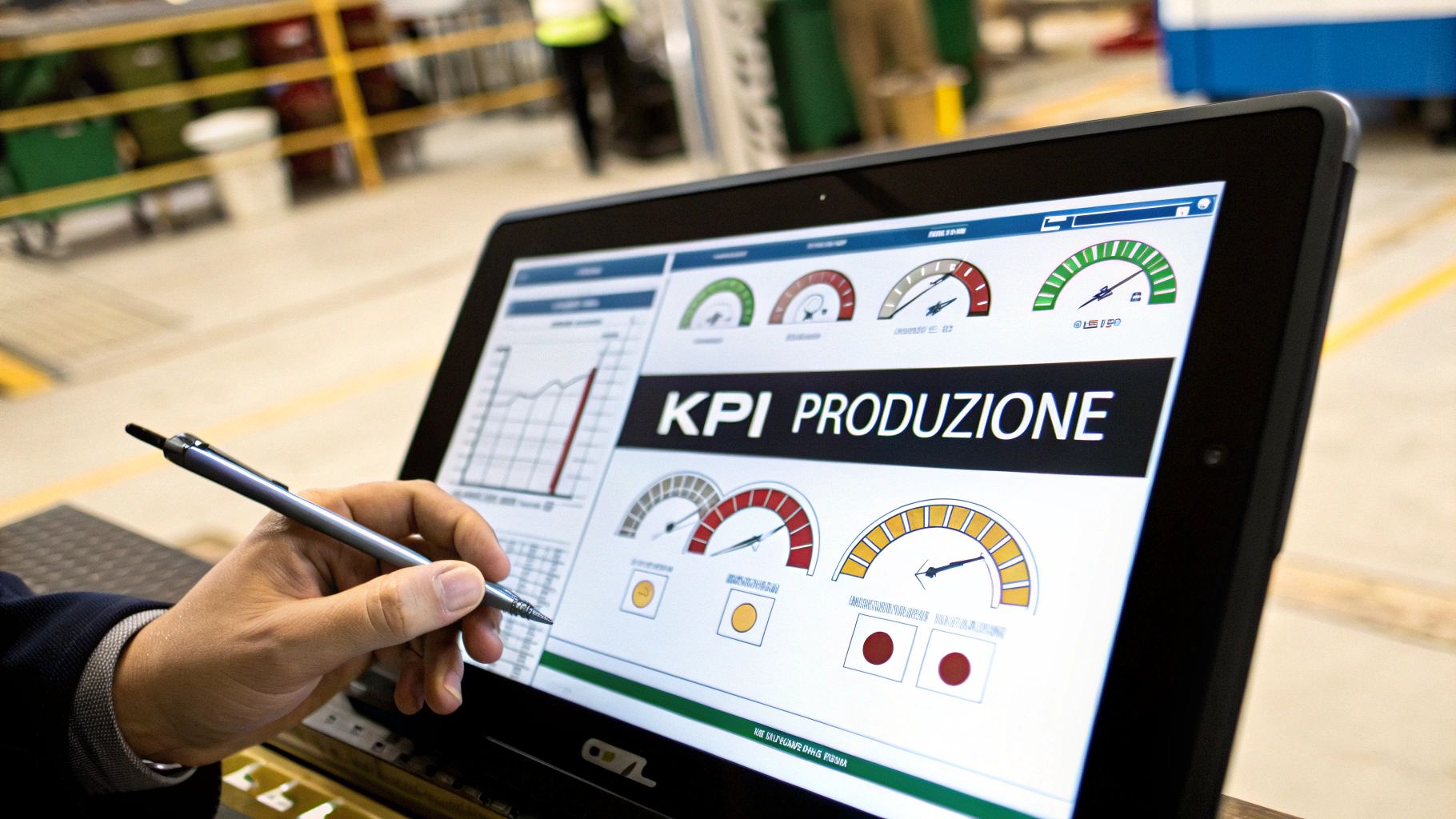 Mano che usa una penna stilo su un tablet che mostra una dashboard di monitoraggio KPI della produzione in un ambiente industriale.
