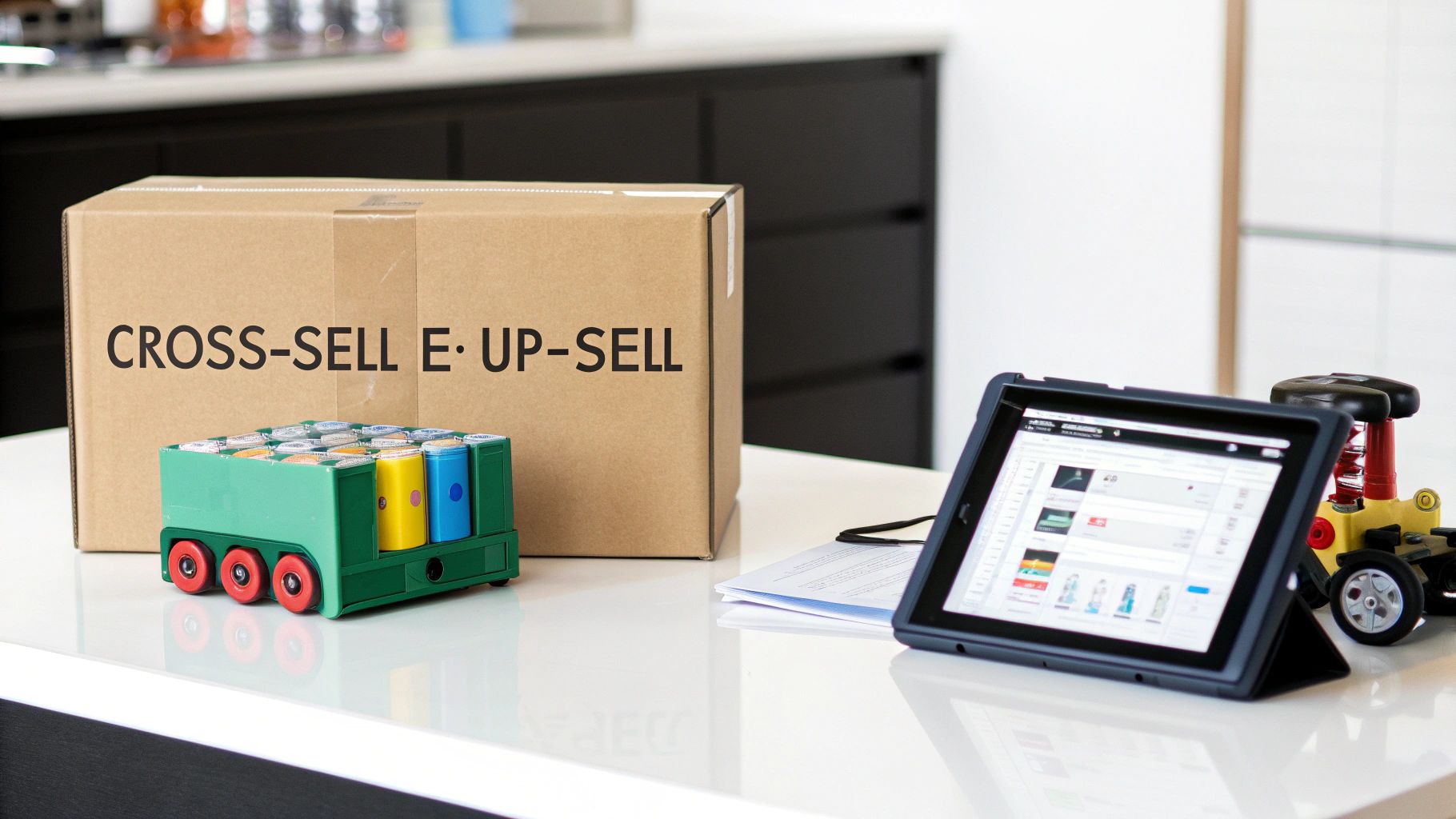Una scatola di cartone con la scritta 'CROSS-SELL E UP-SELL', un iPad e giocattoli colorati su un tavolo bianco.