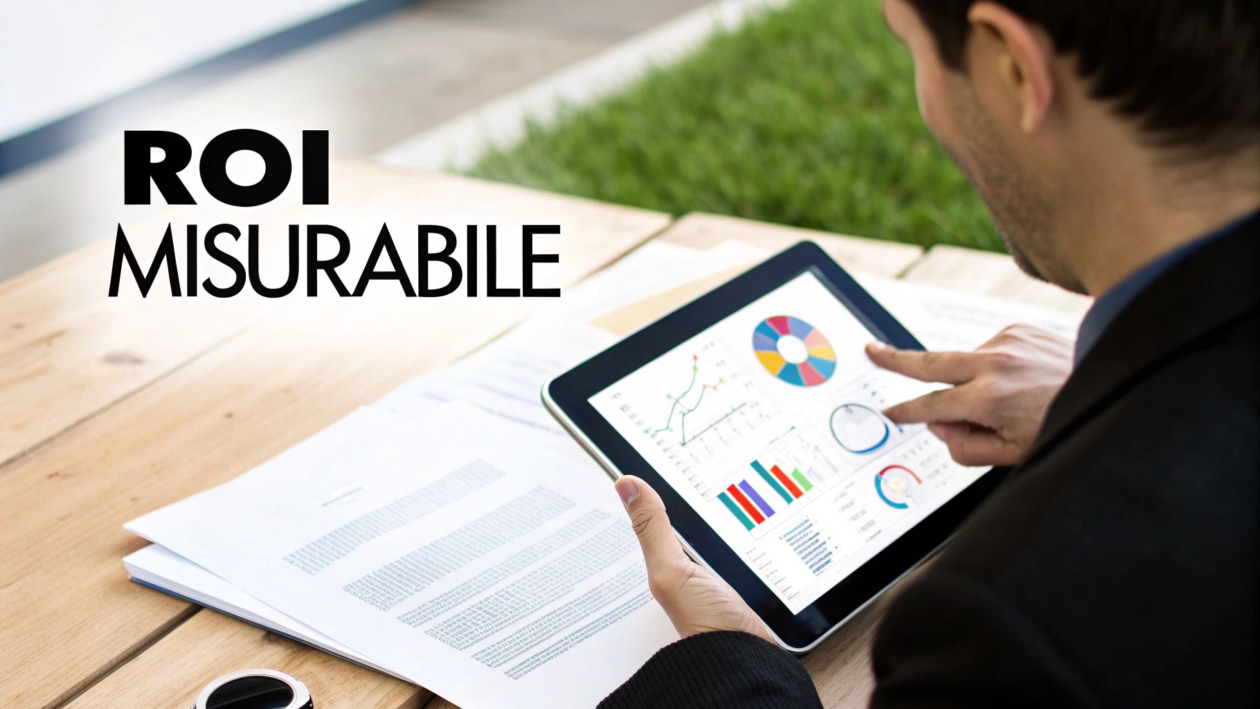 Professionista esamina grafici e indicatori su tablet, evidenziando un 'ROI MISURABILE' per l'azienda.