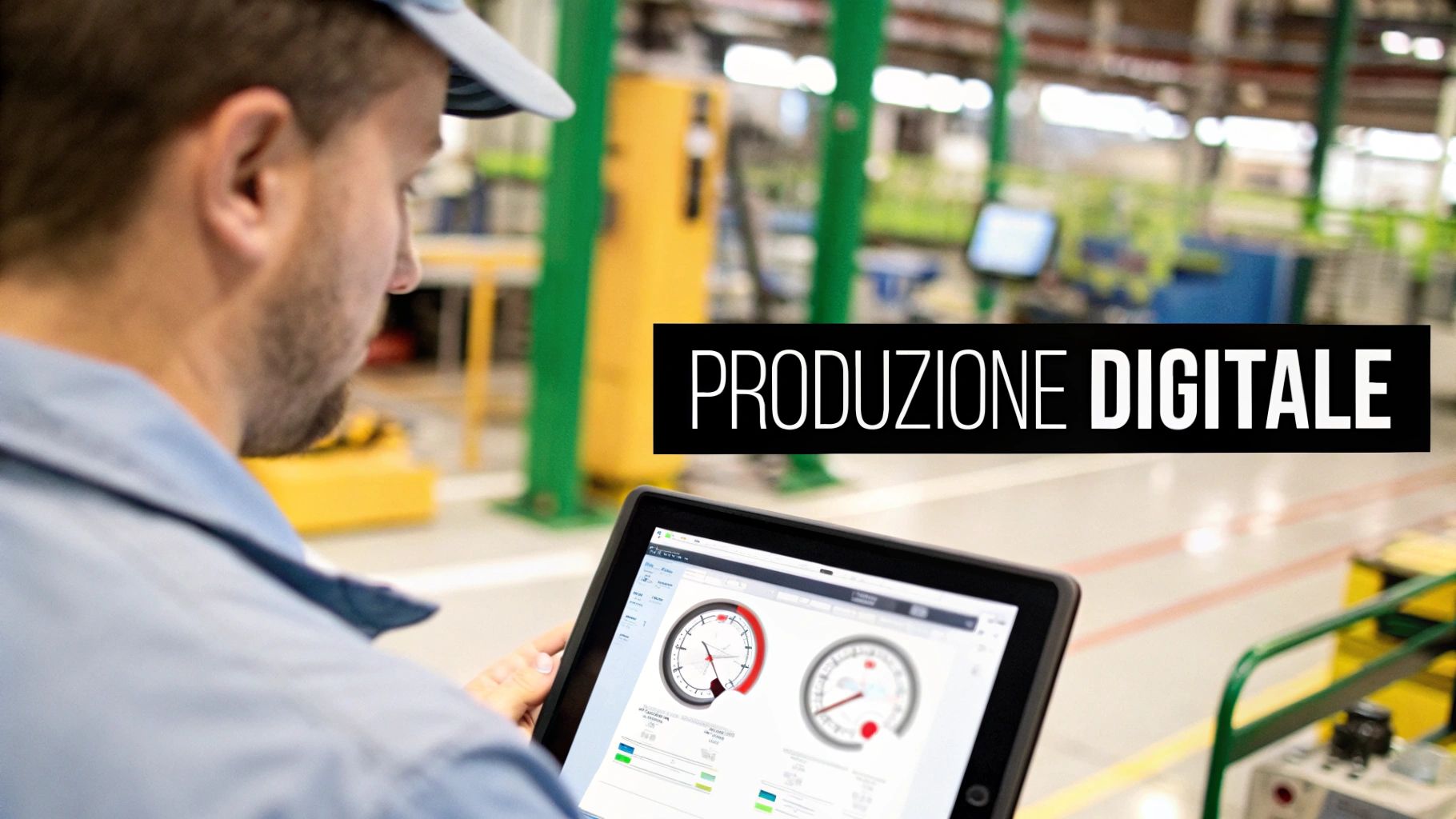 Uomo in fabbrica consulta un tablet con dati di produzione digitali, sullo sfondo il testo "PRODUZIONE DIGITALE".