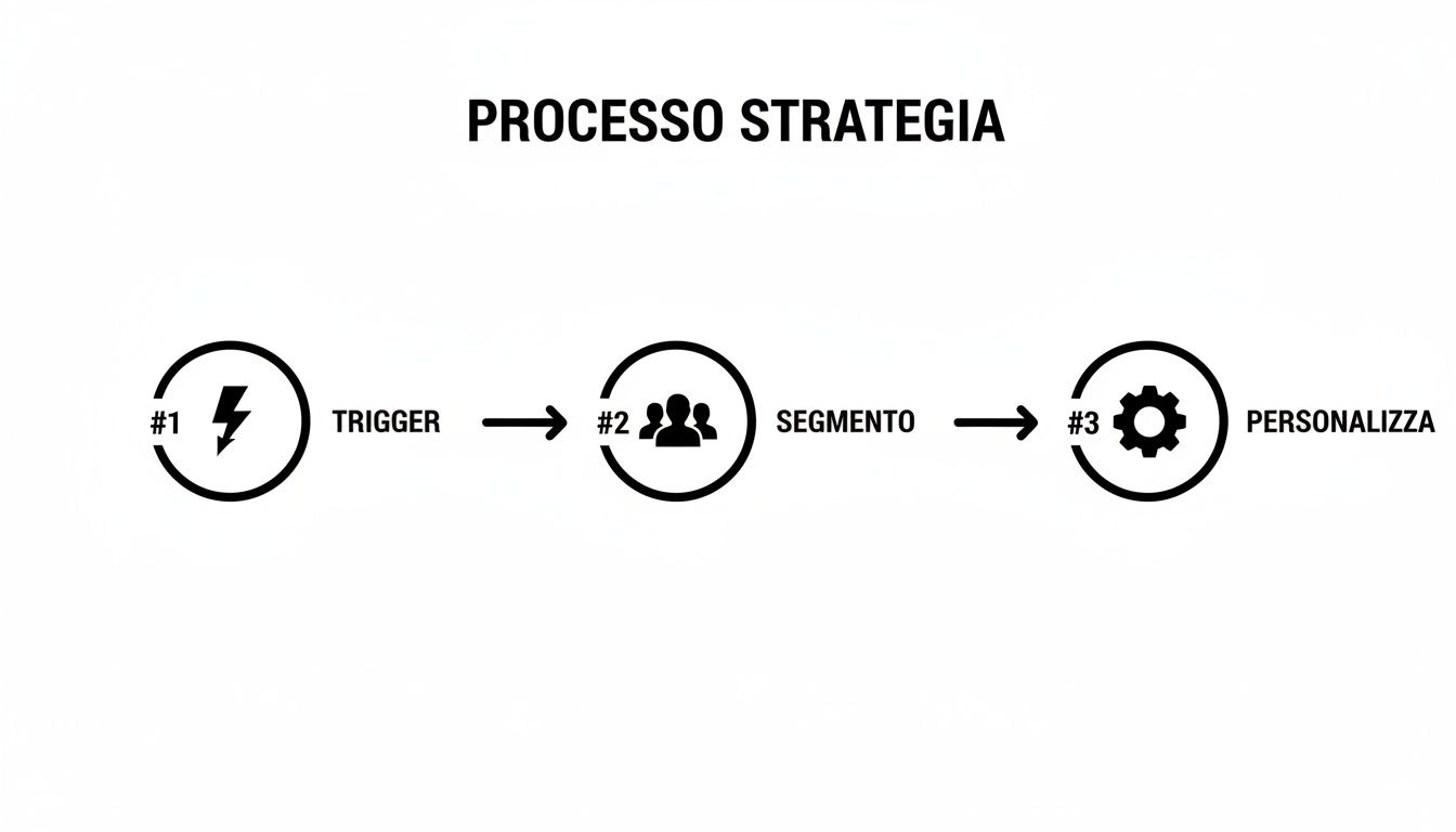 Rappresentazione grafica del processo strategico diviso in tre fasi: trigger, segmento e personalizza.