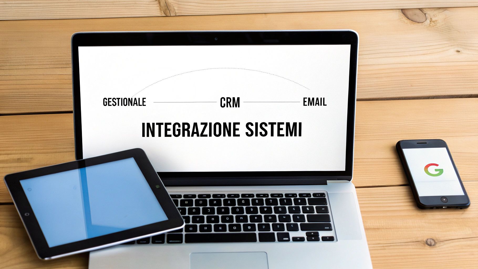 Schermo di laptop mostra 'INTEGRAZIONE SISTEMI' con GESTIONALE, CRM, EMAIL, affiancato da tablet e smartphone Google su tavolo in legno.